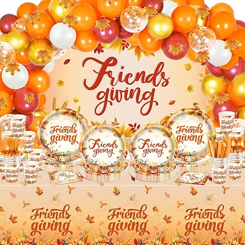 Miniatura 10 de Juego de vajilla desechable de Acción de Gracias, 202 piezas, decoración de fiesta naranja, sirve 24 platos de papel, servilletas, vasos, globos de