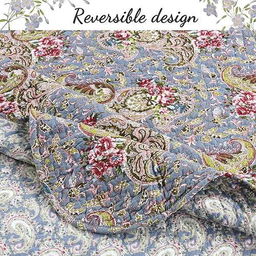 Miniatura 6 de Cozy Line Home Fashions Juego de edredón reversible de 100 % algodón festoneado con flores francesas, color azul (jardín provenzal, tamaño King, 3