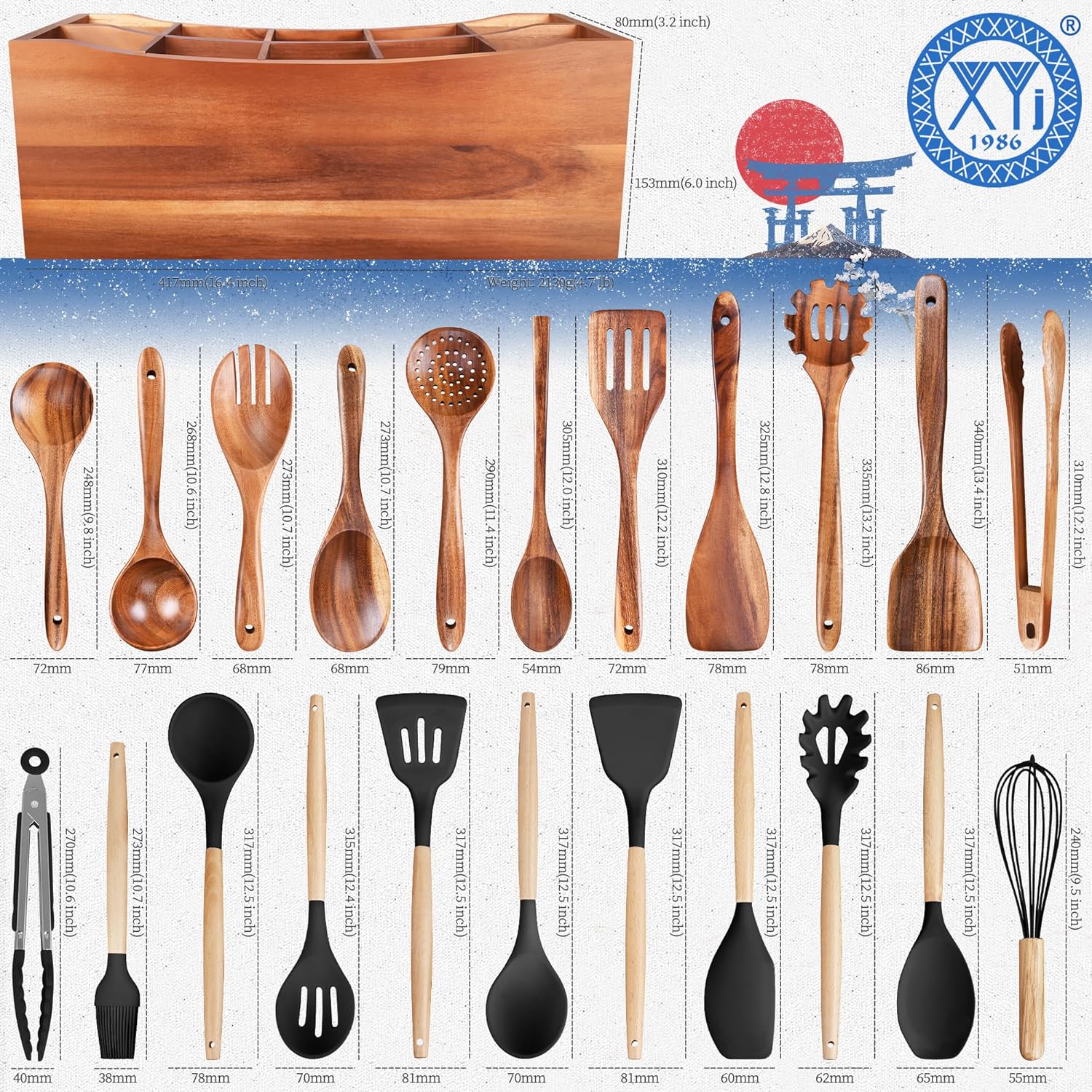 XYJ Wooden Utensil Holder, Utensil Container with Cookware Tools, Including Spatulas, Ladles, Whisks, Food Tongs & Pastry Brush, Acacia Wood Kitchen Organizer Tool for Kitchen Counter