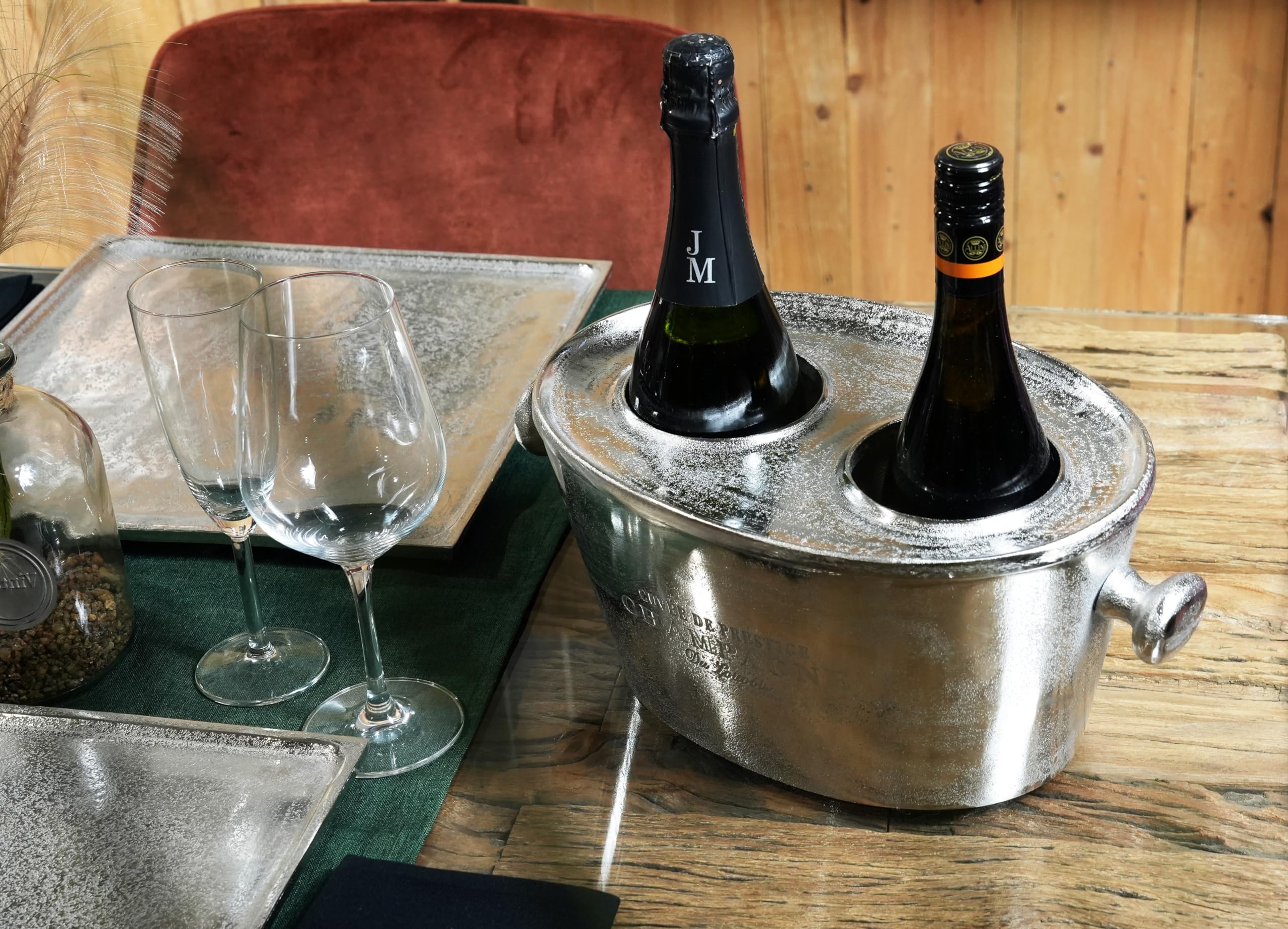 Flaschenkühler für 2 Flaschen, Weinkühler, Sektkühler, Getränkekühler aus Metall, Aluminium, Silber, Party - Kühler für Sekt und Wein - XXL 31 cm