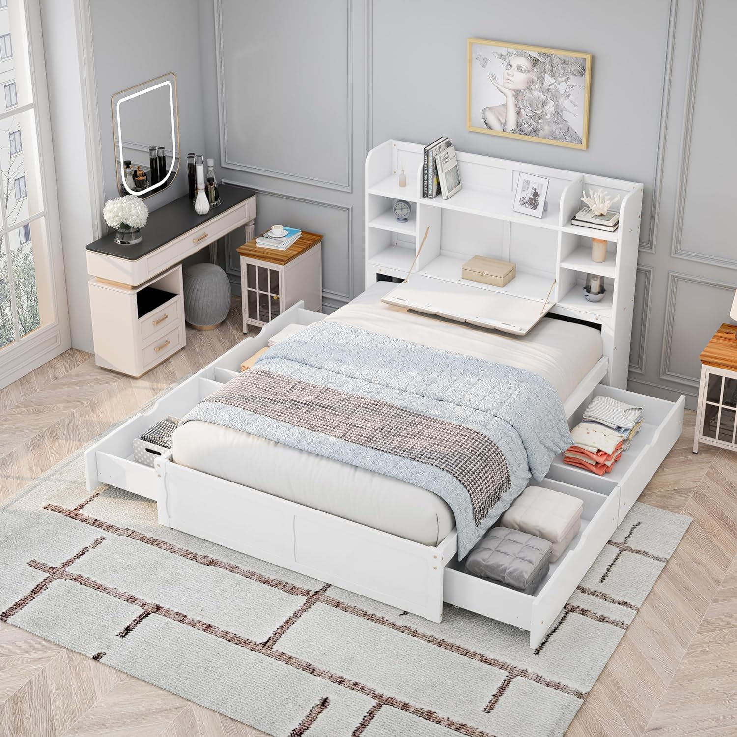 Classic Full Size Captain Bed with Built-in Bookshelves, 4 Portable Storage Drawers, Solid Wood Daybed Frame with Storage Headboard for Kids Teens Adults (White)