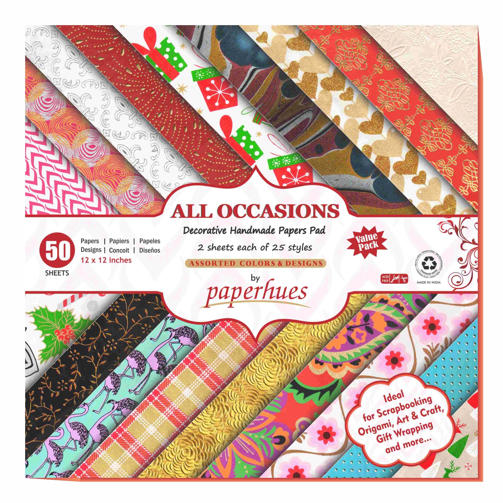 Paperhues All Occasions Handgemachtes Scrapbook-Papier, 30,5 x 30,5 cm, 50 Blatt (2 Blatt mit je 25 Stilen)