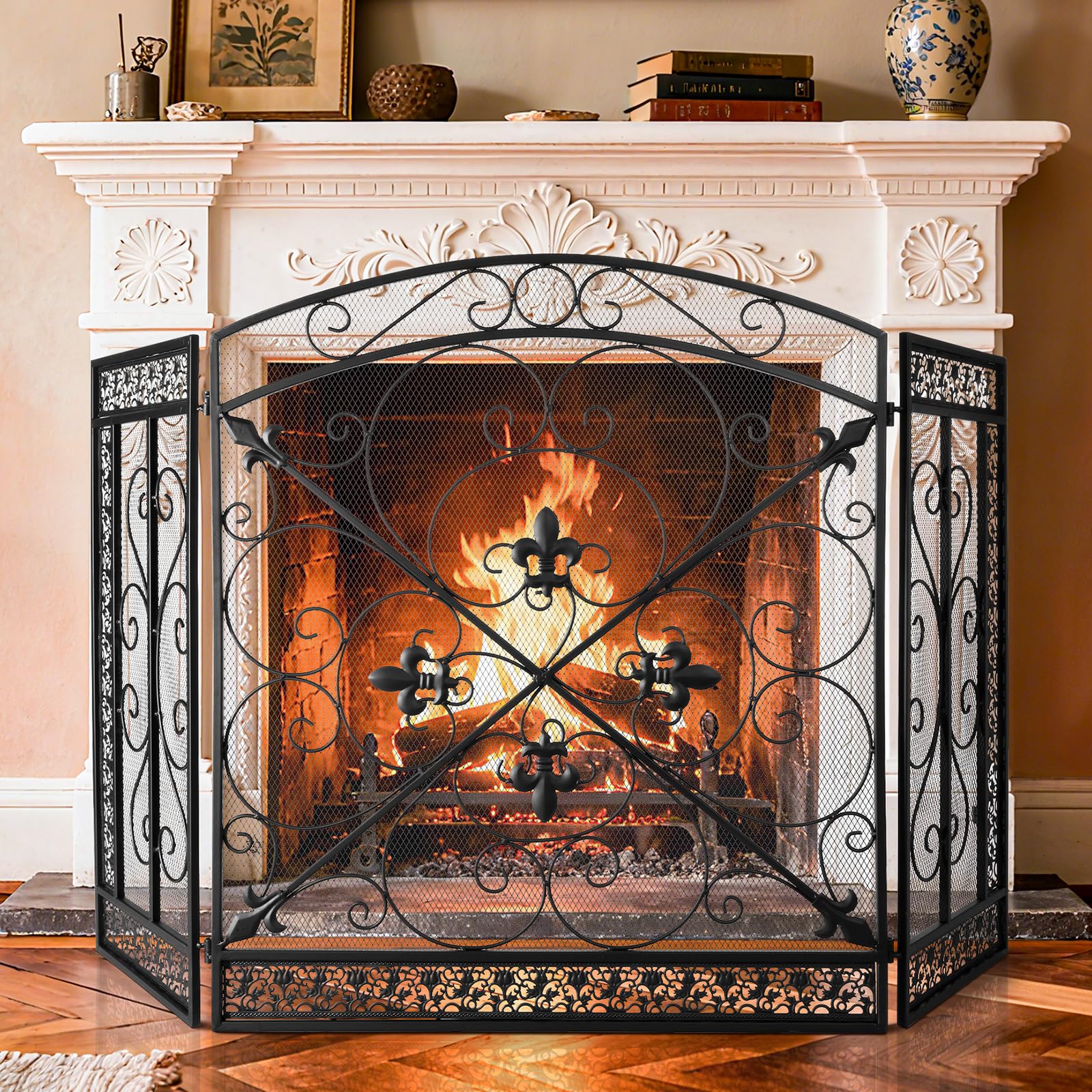 WICHEMI 3 Panel Fireplace Screen for Fireplace Cover Fireplace Screens Stand Alone 52.4 x 31inch Wrought Iron Black Metal Spark Guard Fireguards Mesh Cover Fence Fire Place Standing Gate (Style 3)