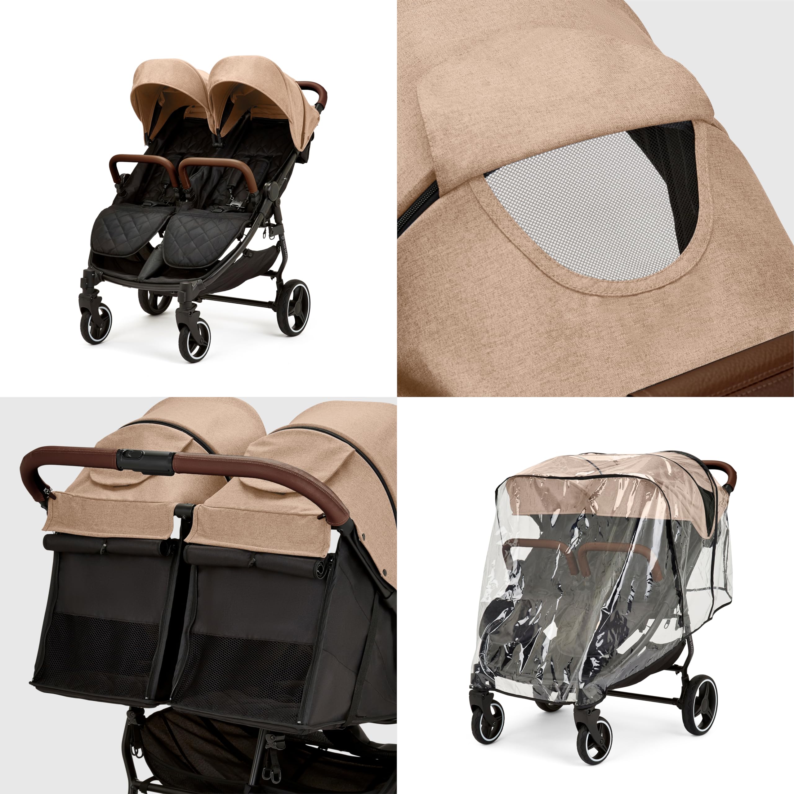 Ickle Bubba Venus Poussette double – Convient de la naissance à 15 kg (environ 3 ans), compacte, légère, pliable, avec habillage pluie (Biscuit)