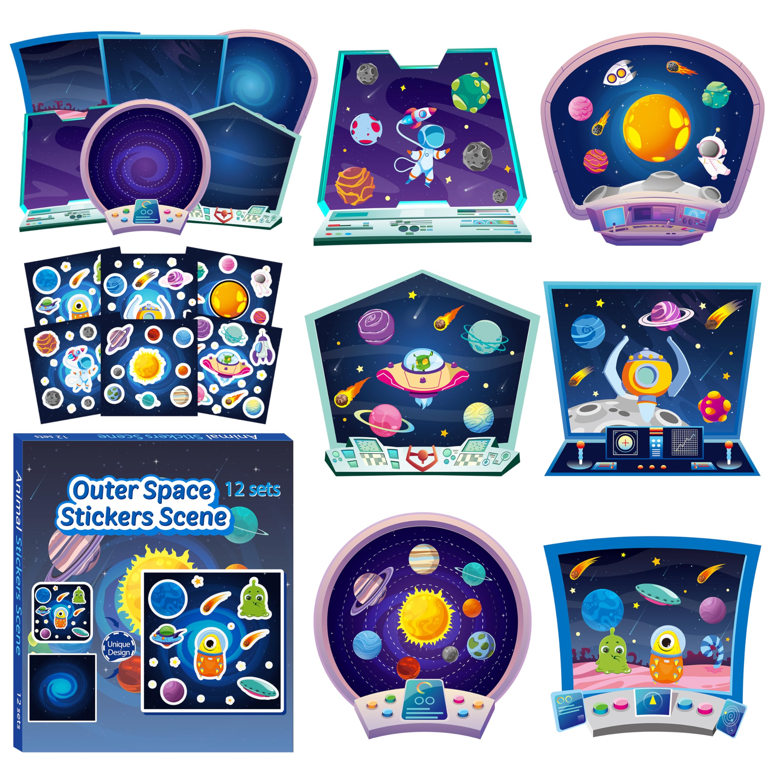 CY2SIDE 12 Set Outer Space Stickers Scene for Kids, Make A Galaxy Scene with Astronaut Decals Make Your Own Space Stickers DIY Art Crafts for Kids Early Learning Educational Class Party Favors