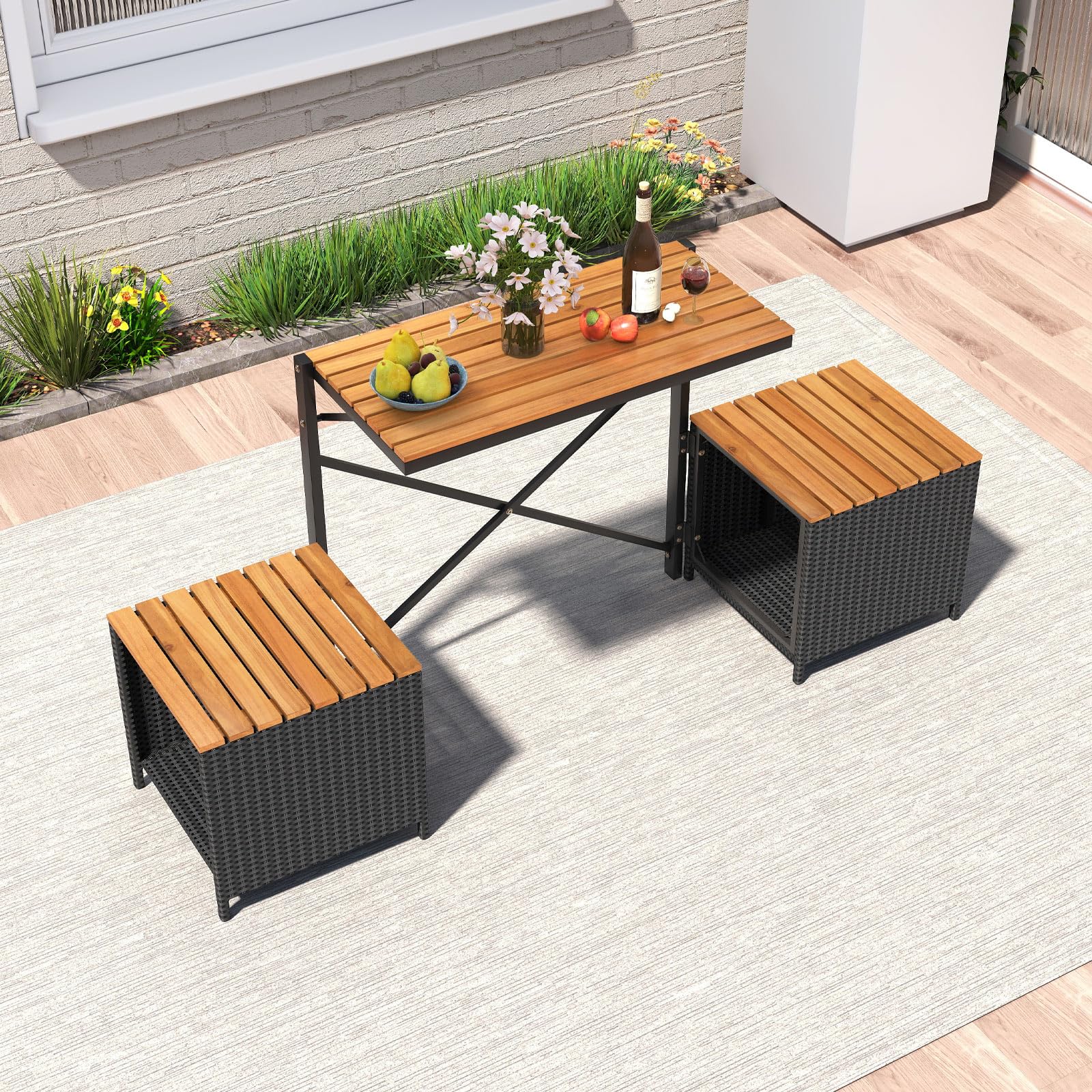 LIFEZEAL Set Salotto da Giardino 2 in 1 Versatile (Nero+Naturale) | Tavolo, 2 Sedie Contenitore in Rattan e Legno di Acacia, Convertibili in Panchina, Portata 360 kg, per Terrazza, Balcone