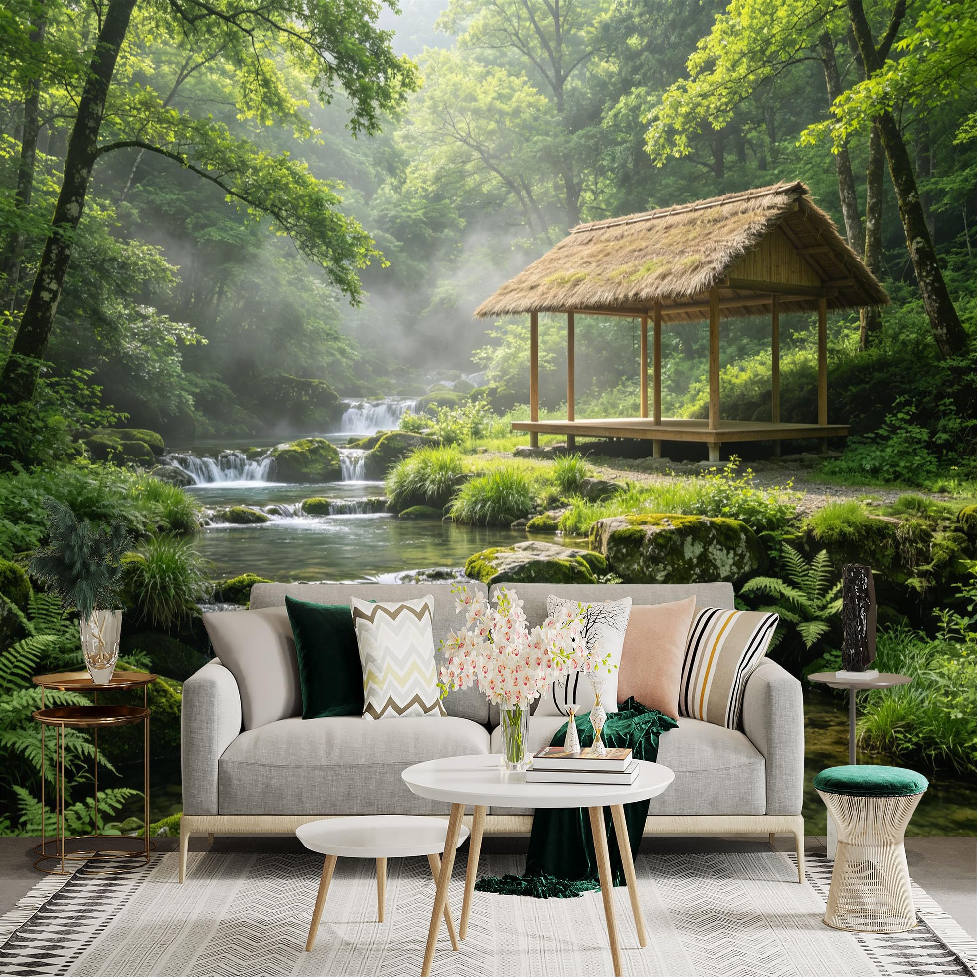 Custom Size Wall Sticker Mural， Peaceful Forest Stream with Wooden Pavilion and Lush Greenery， for wall Decoration， peelandstick wall Decals.