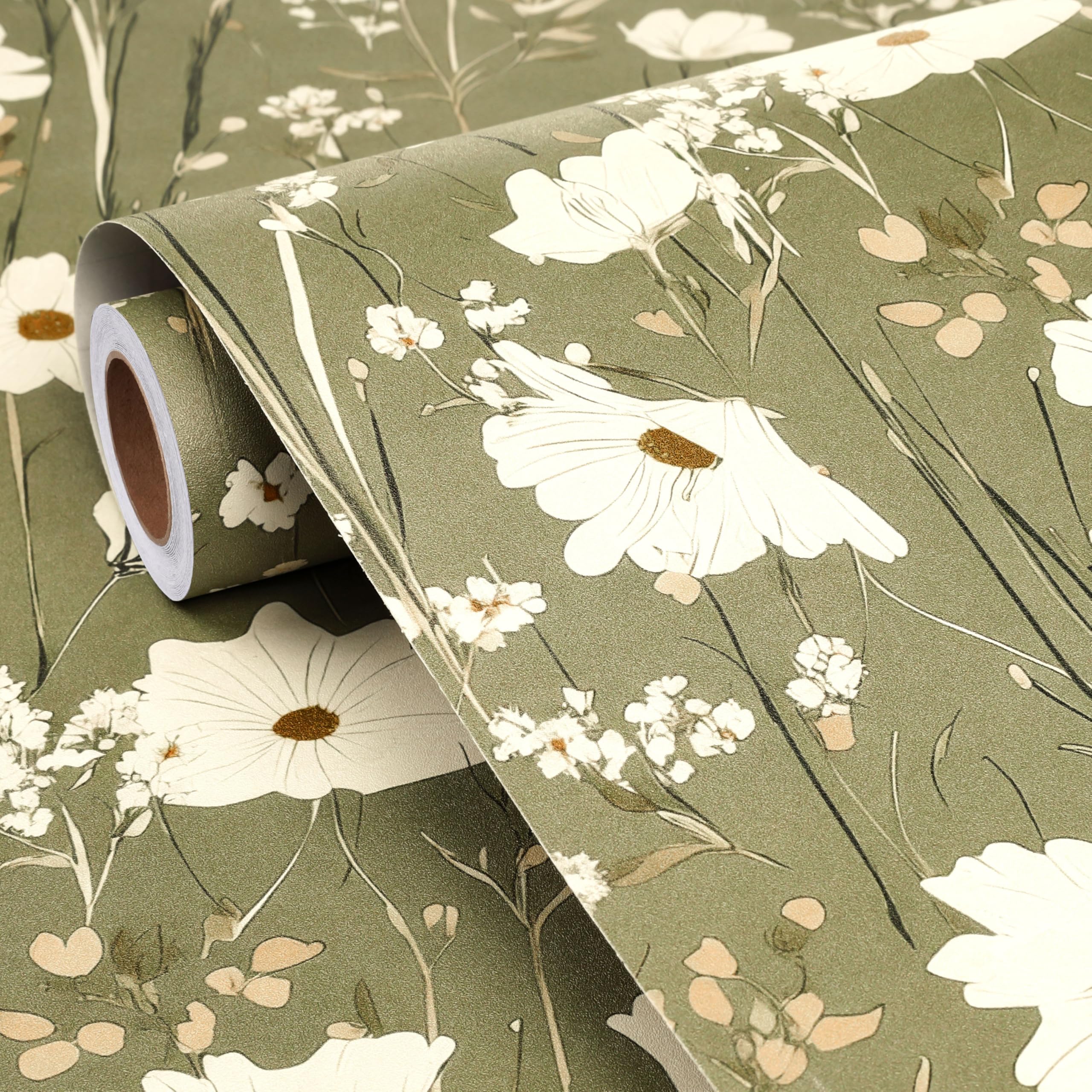 FunStick 44.5CMx9M Papel Pintado Pared Verde Flores Pequeñas Vintage Papel Pintado Autoadhesivo Muebles Cocina Armario Vinilo Adhesivo Verde Oliva Salón Vinilo Adhesivo Muebles Flores Pequeñas Hojas