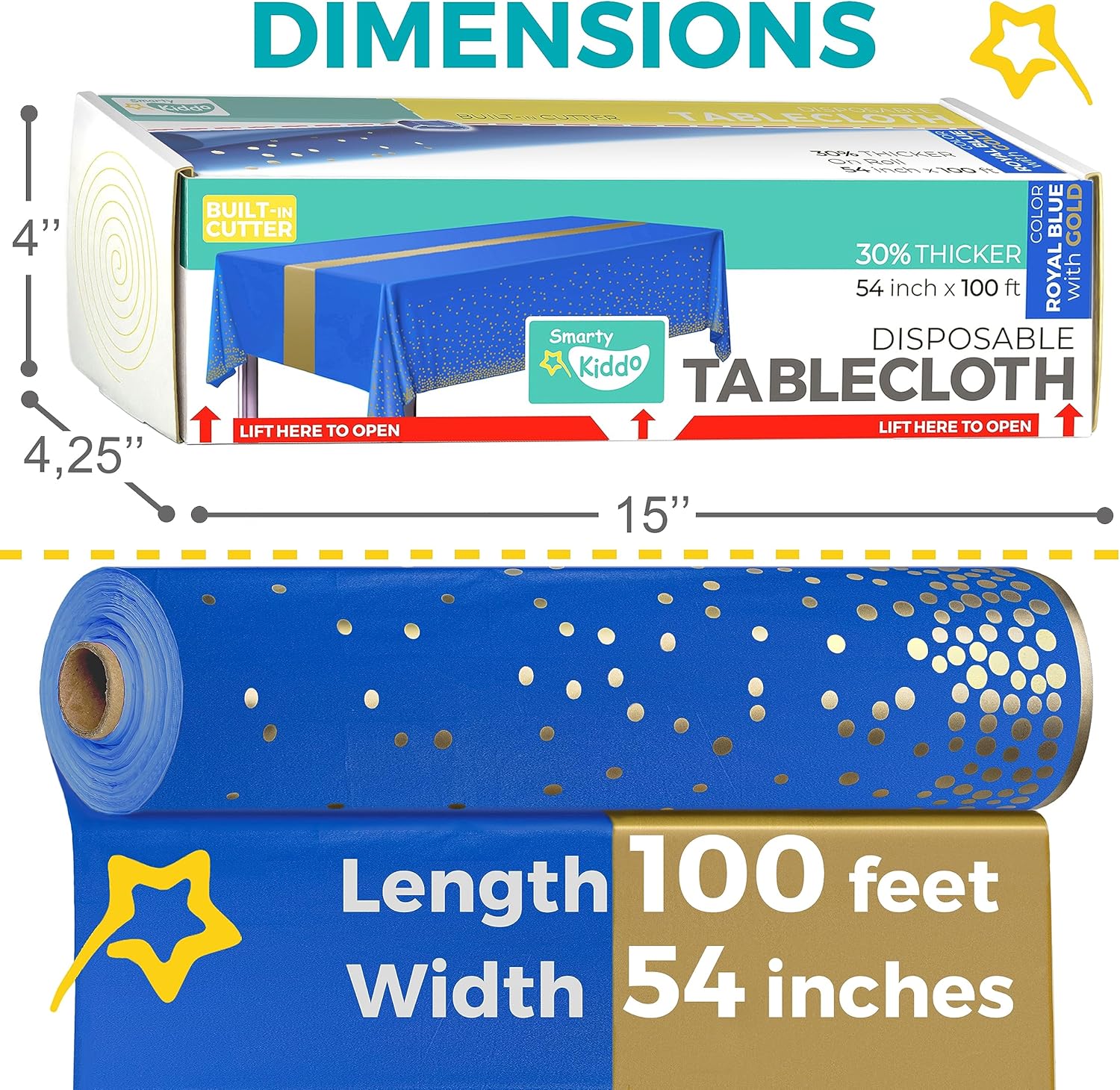 Blue and Gold Tablecloth Plastic Roll 54in X 100ft with Built in Cutter Box, Table Cover for Party, Picnic, Events Tablecloths Disposable - Image 3