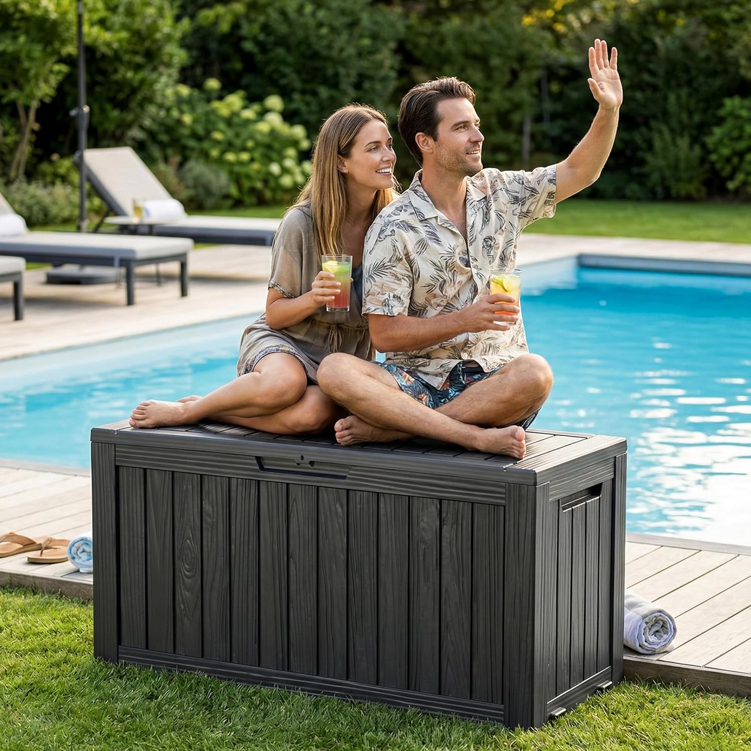 DRATO 90 Gallon Deck Boxes Outdoor Waterproof, Lockable Outside Storage Box with Wheels for Patio Furniture Pool Supplies Garden Tools, Weatherproof Resin Storage Box for Backyard (Black, 90 Gallon)