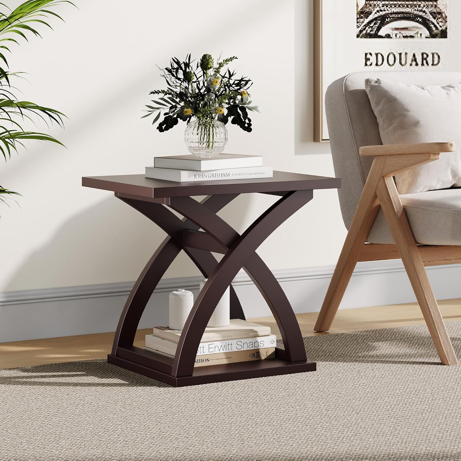 ChooChoo End Side Table Set of 2, Modern End Table with Storage Shelf, X-Design Side Table Living Room (Espresso)