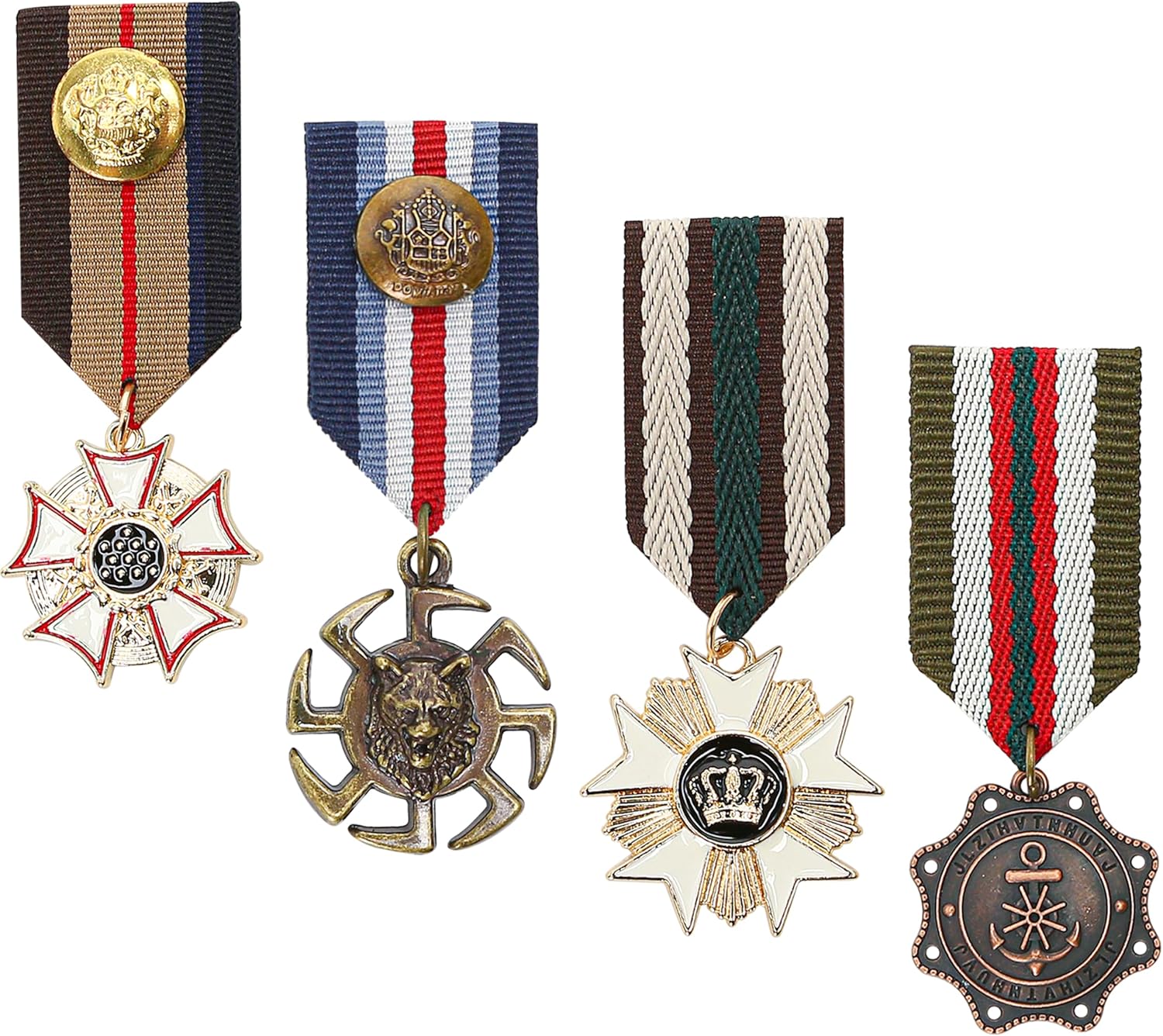 Marsrut 4PCS Vintage Military Medal Brooch Pins - Retro Crown Geometric Badges for Army Uniform Costumes, Halloween Cosplay Men