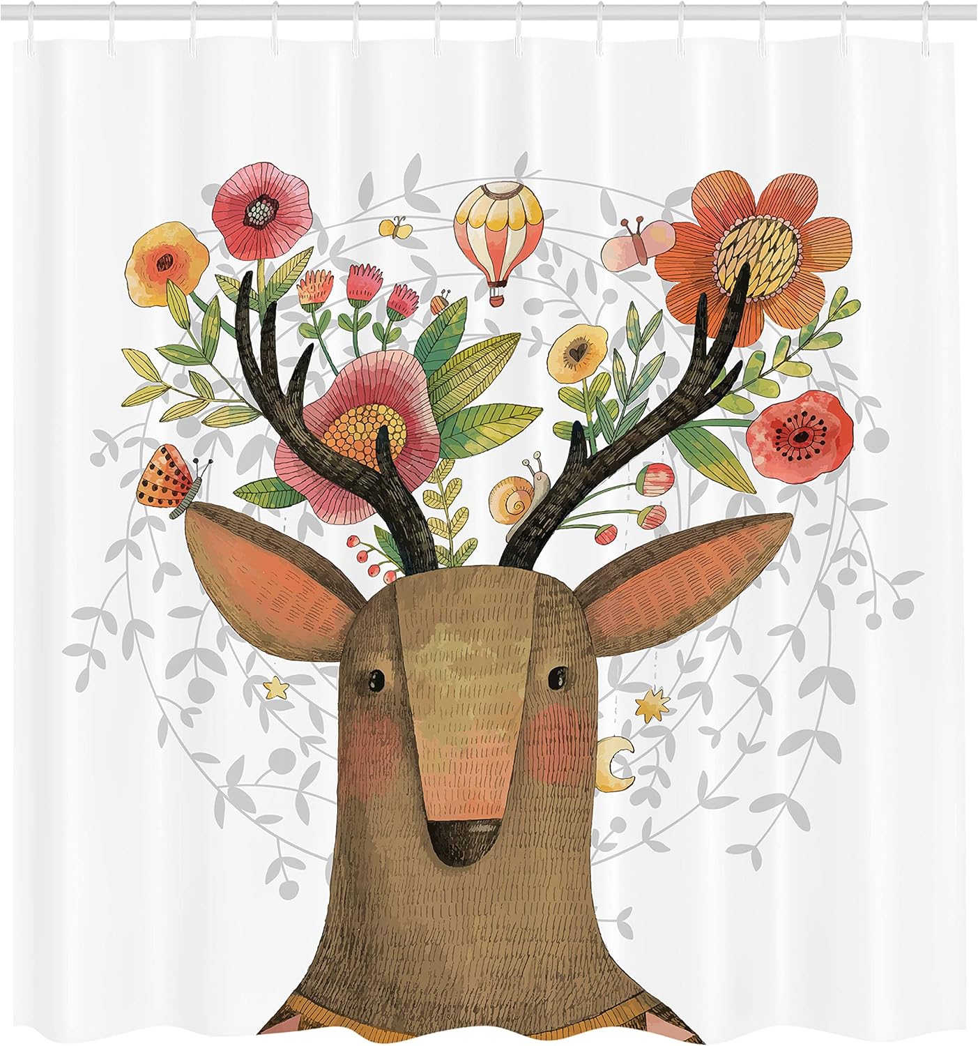 Ambesonne Antlers Shower Curtain, Deer with Blossoms Bouquet Butterfly Ballon Springtime Cartoon Art, Cloth Fabric Bathroom Decor Set with Hooks, 69" W x 70" L, Purple Grey