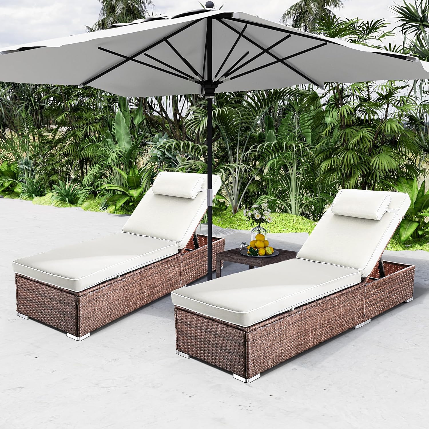 Rophefx Outdoor PE Wicker Patio Lounge Chairs Set of 2, Outside Rattan Pool Lounge Chair with Cup Holder & Adjustable Backrest, Brown Rattan Recliners for Poolside Deck Beach Yard (White Cushions)