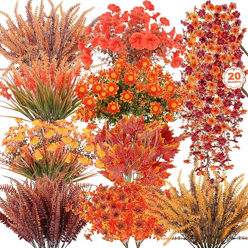 20 Bundle 10 Style Artificial Fall Flowers Plants for Outdoors Autumn Decor Fake Faux Flower UV Resistant Boxwood Fall Mums Maple Leaves Wheat Ferns for Thanksgiving Porch Window Box Hanging Planter