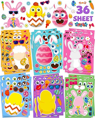 36 hojas de calcomanías de Pascua para niños pequeños, rellenos de cesta de Pascua, huevos de Pascua, decoración de conejos, actividades de Pascua,