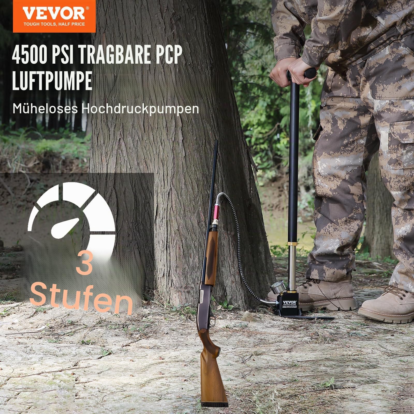 VEVOR Fußpumpe, 0 – 4500 psi, Luftpumpe, Design mit 3 Ebenen, Luftpumpe für Hochdruckreifen, Reifenfüller für Fahrrad, Luftgewehr mit präziser Manometer, zusammenklappbares Pedal