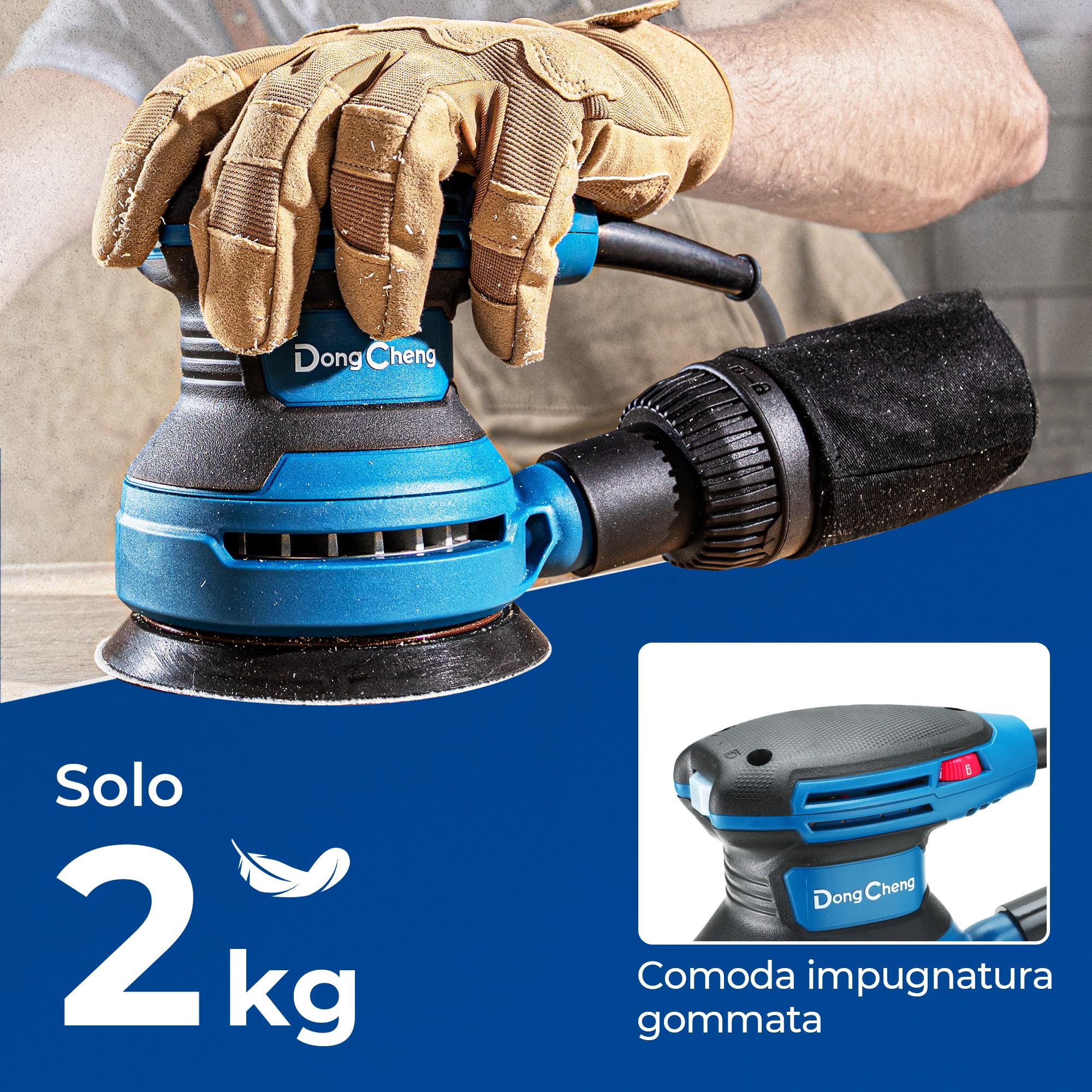 Dong Cheng Levigatrice eccentrica 380 W, 125 mm, 6 vel., orbitale 8000-12800 giri/min, con depolveratore, 20 dischi abrasivi, ideale per legno