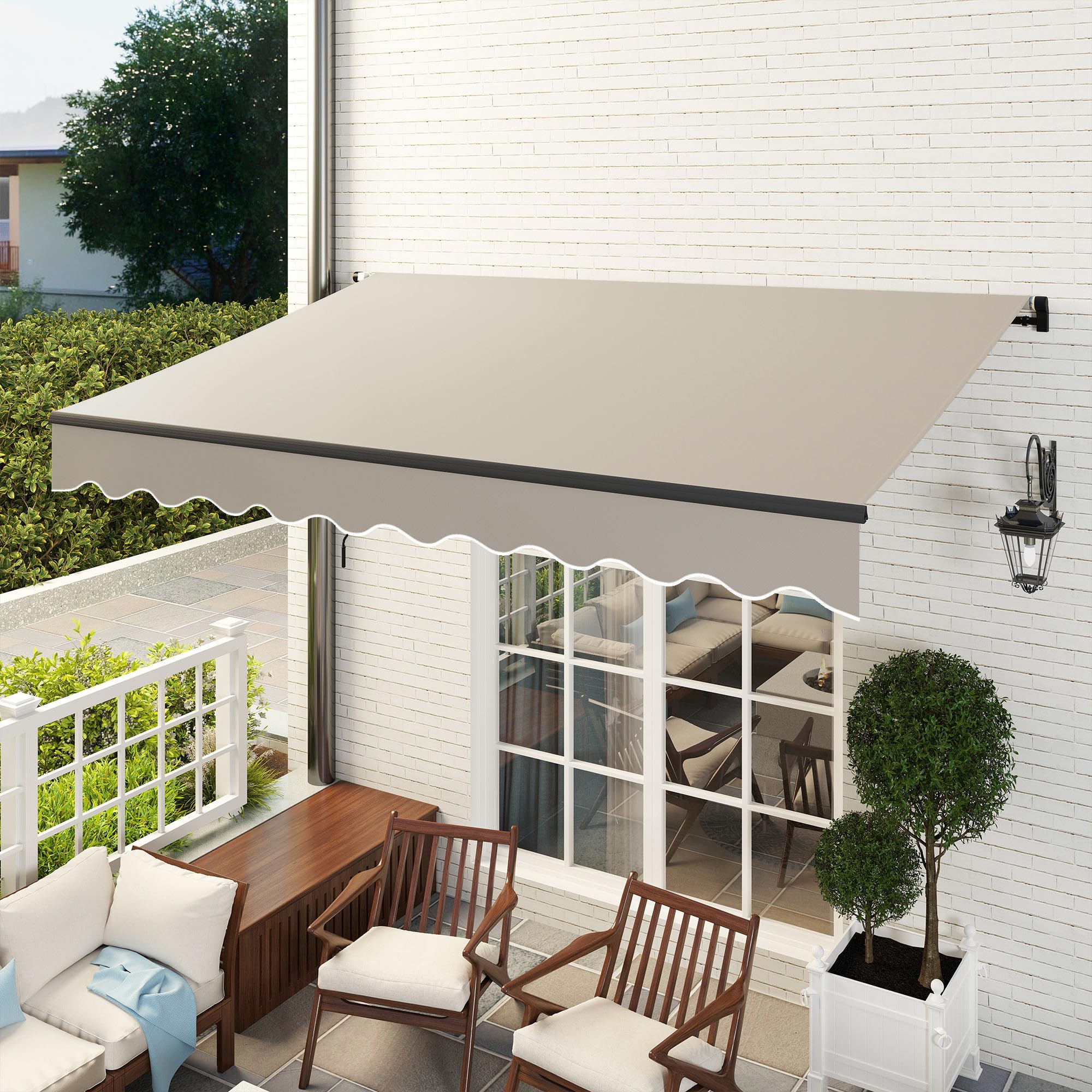 Outsunny Toldo Manual Retráctil 360x220 cm con Manivela de Aluminio Crema | 3 Brazos, Protección UV30+, Toldo Enrollable de Exterior, para Jardín Terraza Ventanas