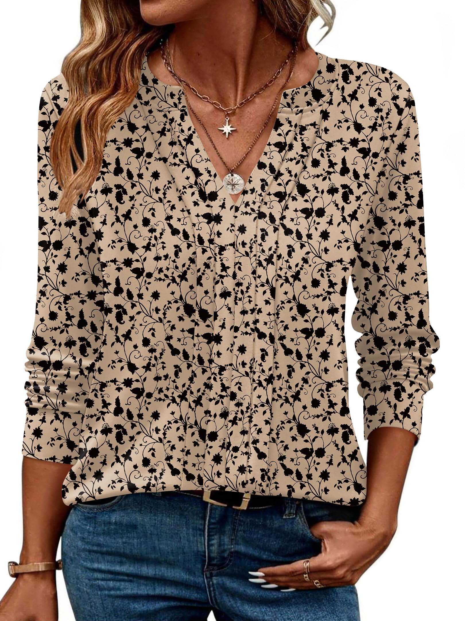 ZEAGOO Womens Spring Tops Henley V Neck Shirts Long Sleeve Pleated Blouses Dressy Casual Tunic 2026 Basic Tees