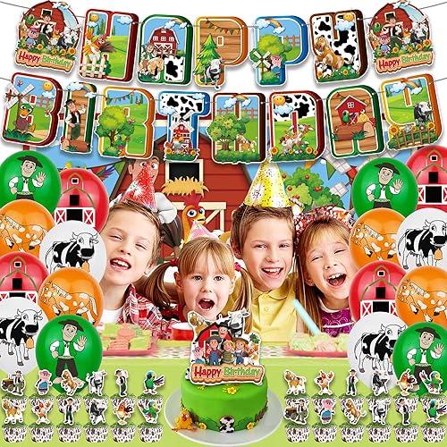 Miniatura 6 de Decoración de fiesta de cumpleaños con temática de granja, incluye pancarta de feliz cumpleaños, globos de látex, fondo, decoración de pastel y