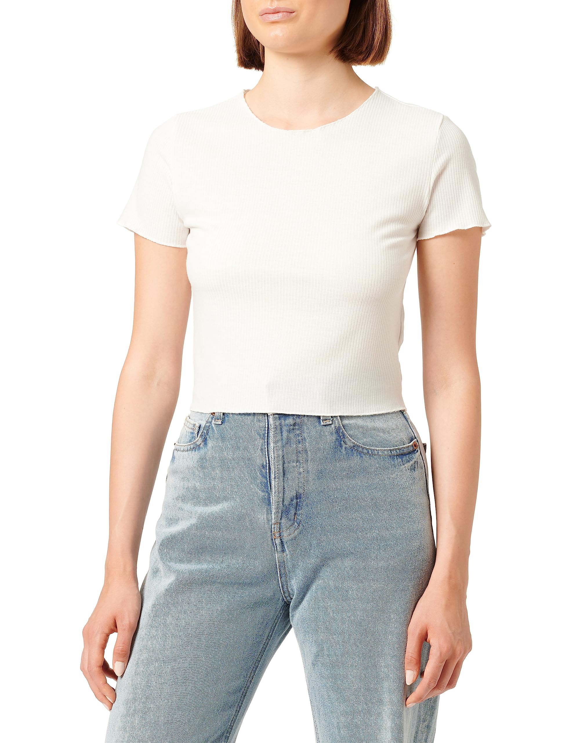 Koton Women's Ribbed Short Sleeve Crew Neck Crop T-Shirt, Ecru (010), S