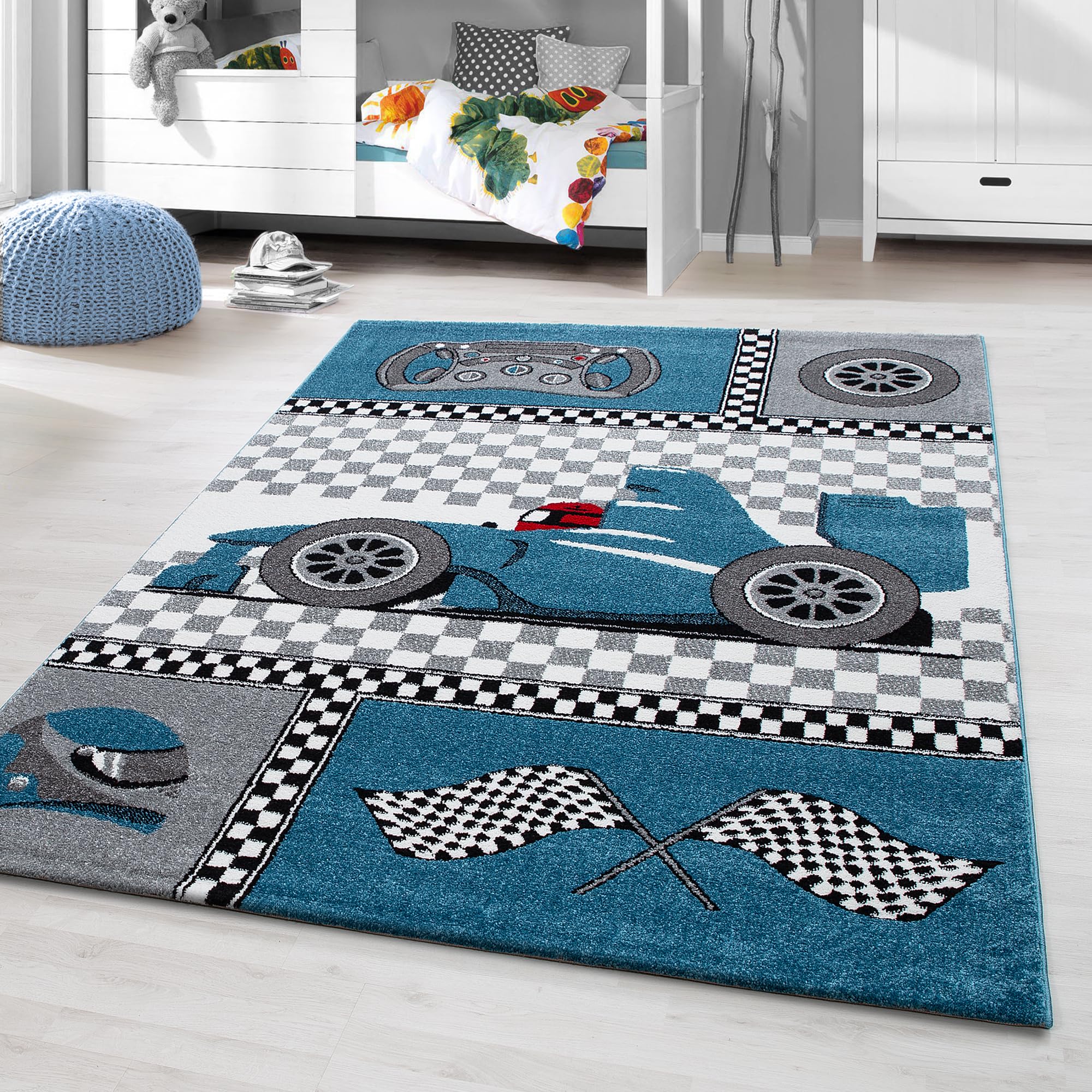 HomebyHome Kinderteppich Autorennen Motiv Blau 140x200 cm Großer Teppich fürs Kinderzimmer Weich & Ideal für kleine Autofans