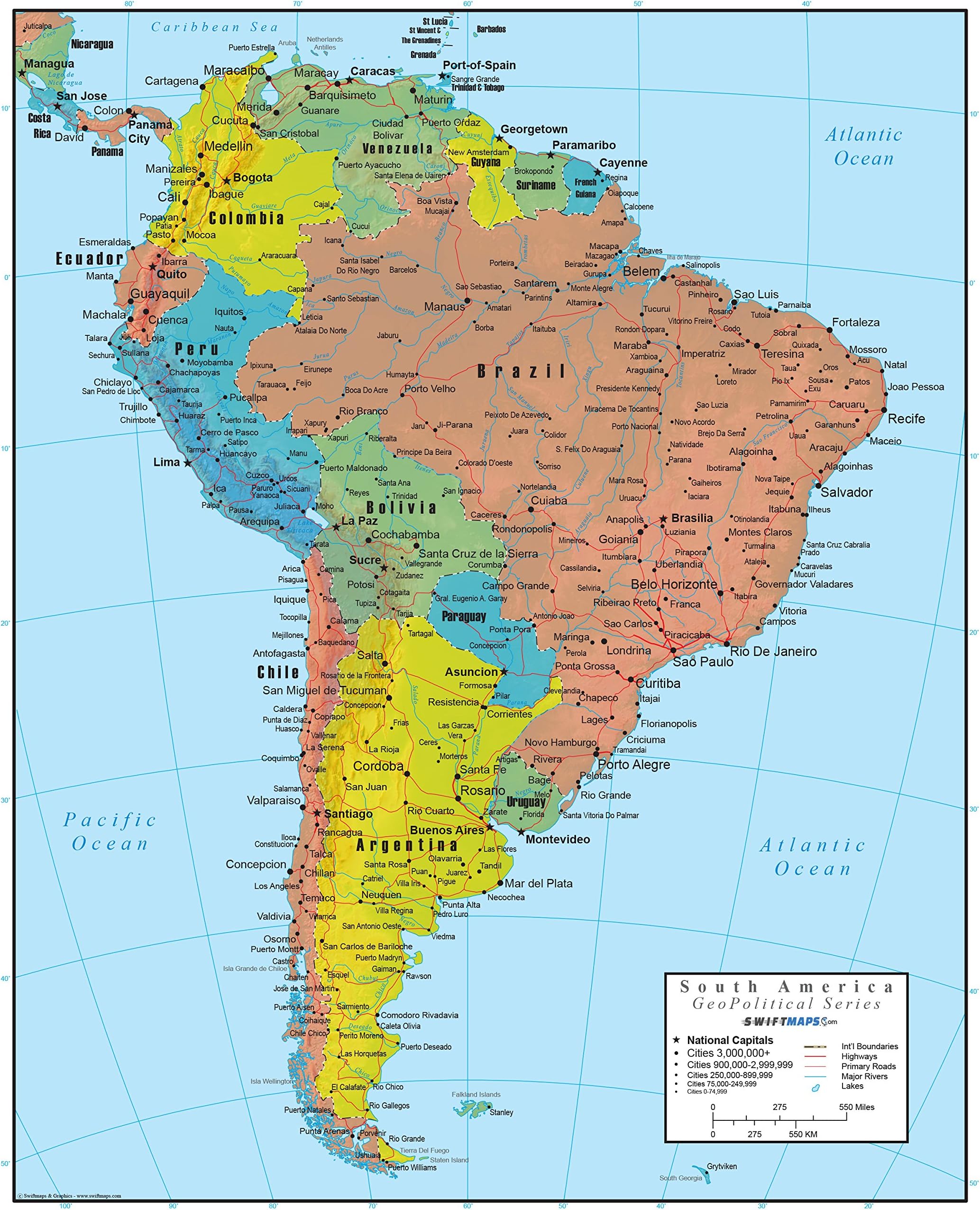 South America Wall Map GeoPolitical Edition by Swiftmaps (18x22 Laminated)