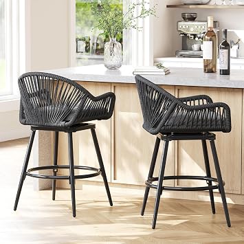 ROCSUMOO Swivel Bar Stools Set of 2, 24" Height Rattan Stool with Soft Cushions, Modern Kitchen Island Bar Chairs, Boho Woven Barstools for Kitchen, Gray Set of 2