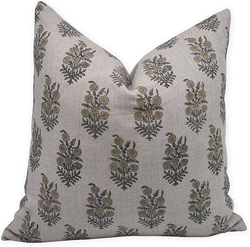 Funda de cojín cuadrada de lino grueso de 14 x 14 pulgadas con estampado de bloques a mano, para sofá, sillón y cama, decoración de primavera y