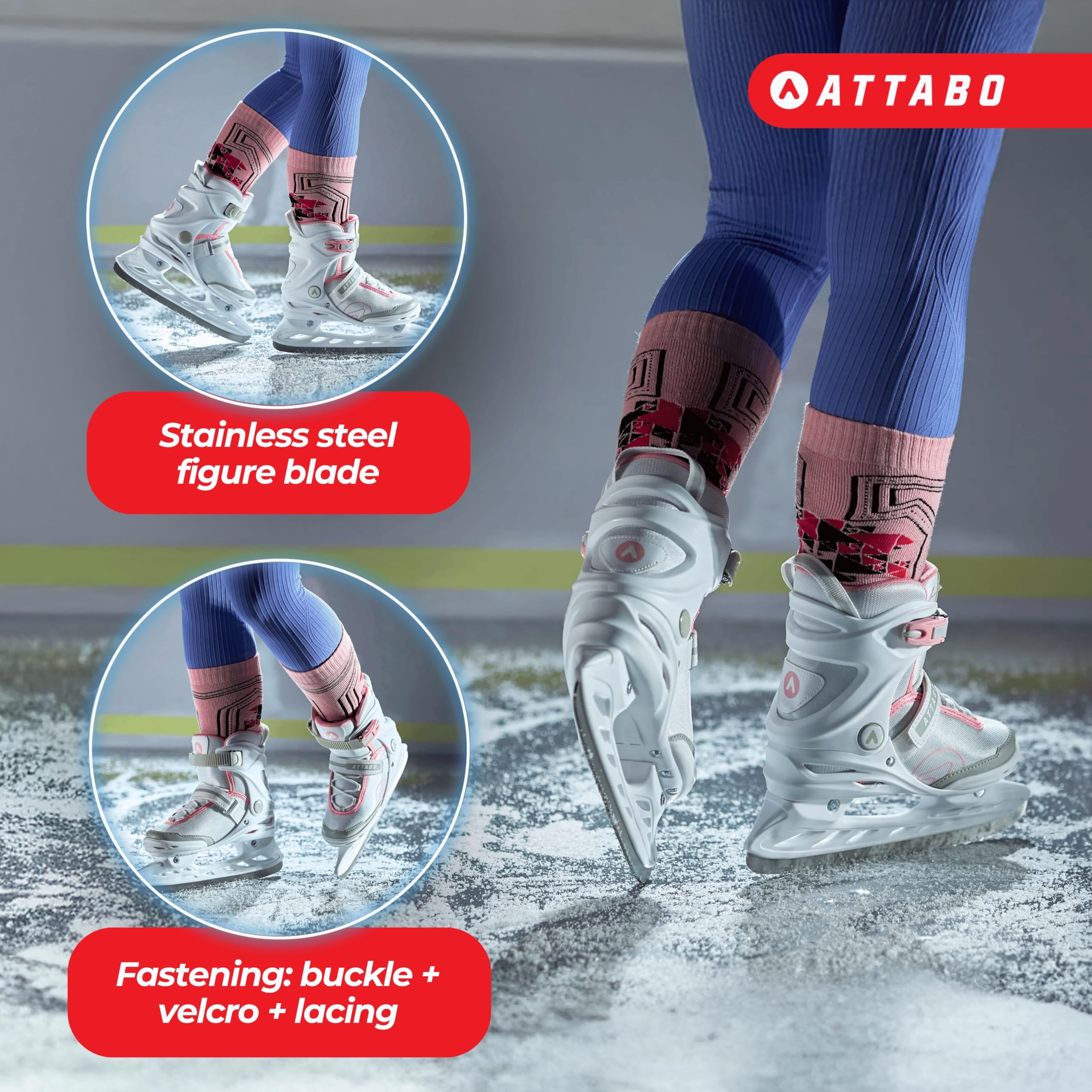 ATTABO Tora Patins à Glace pour Femme - Boucle et Fermeture - Support de Cheville Solide - Patins en Acier Inoxydable - Confort et sécurité pour Les débutants et Les confirmés - Design Classique