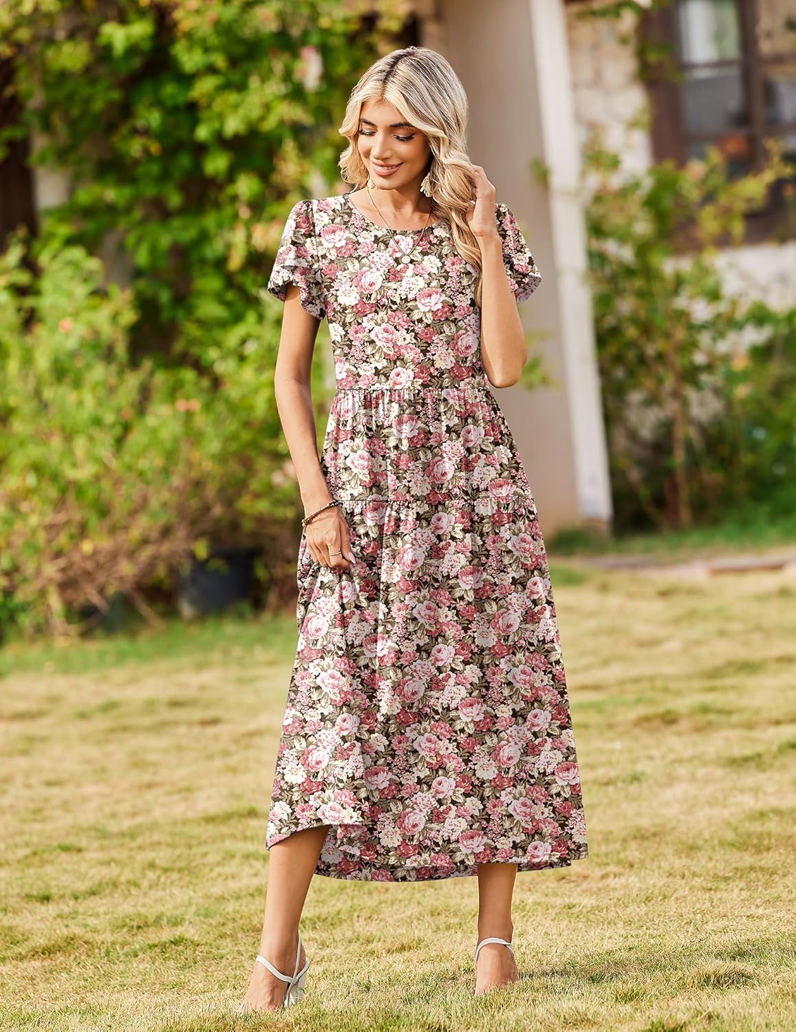 Zeagoo Summer Dresses for Women 2026 Maxi Bohemian Floral Short Sleeve Long Dress Casual Flowy Tired Beach Sundress - Image 3