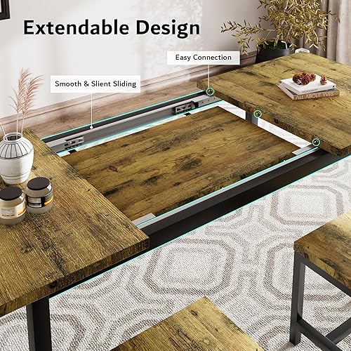 Miniatura 3 de iPormis Juego de mesa de comedor de 7 piezas con 6 taburetes, juego de mesa de cocina extensible de 63 pulgadas para 4-8 personas, mesa de comedor