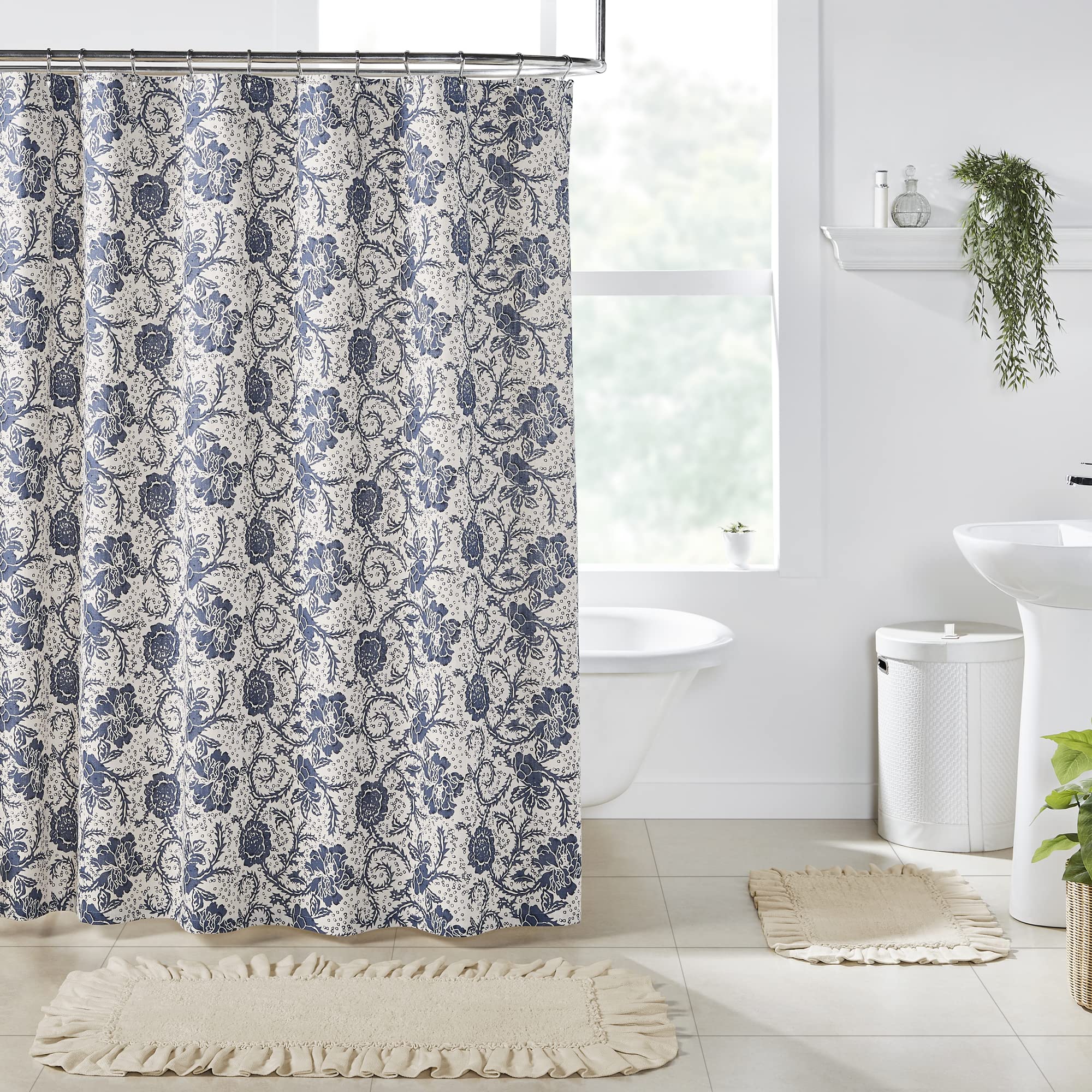 VHC Brands Dorset Bathroom Shower Curtain, Floral, Navy, 72x72