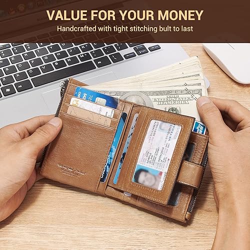 Miniatura 6 de gzcz Billeteras de cadena RFID para hombre, cartera de cuero genuino con cremallera plegable para trabajo, viajes, al aire libre con ventana de