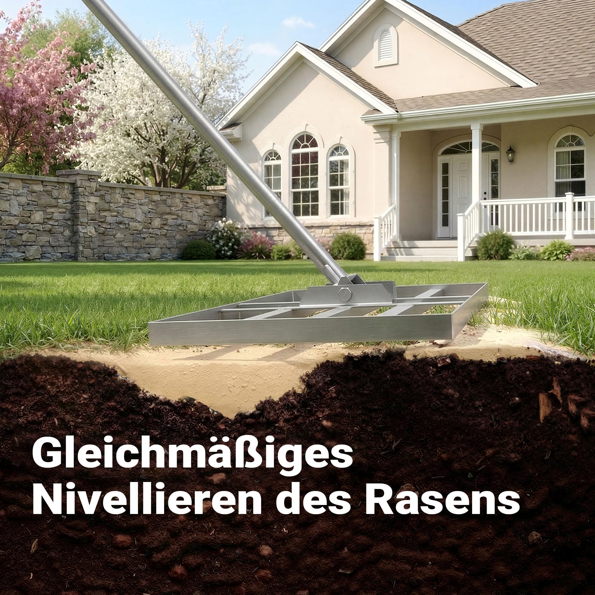Wiltec Edelstahl Rasenrakel mit Stiel Größe L, Flächenebner 35 x 75 x 2,8 cm Unebenheiten im Rasen ausgleichen, Leveler Gartengerät zum Rasen sanden
