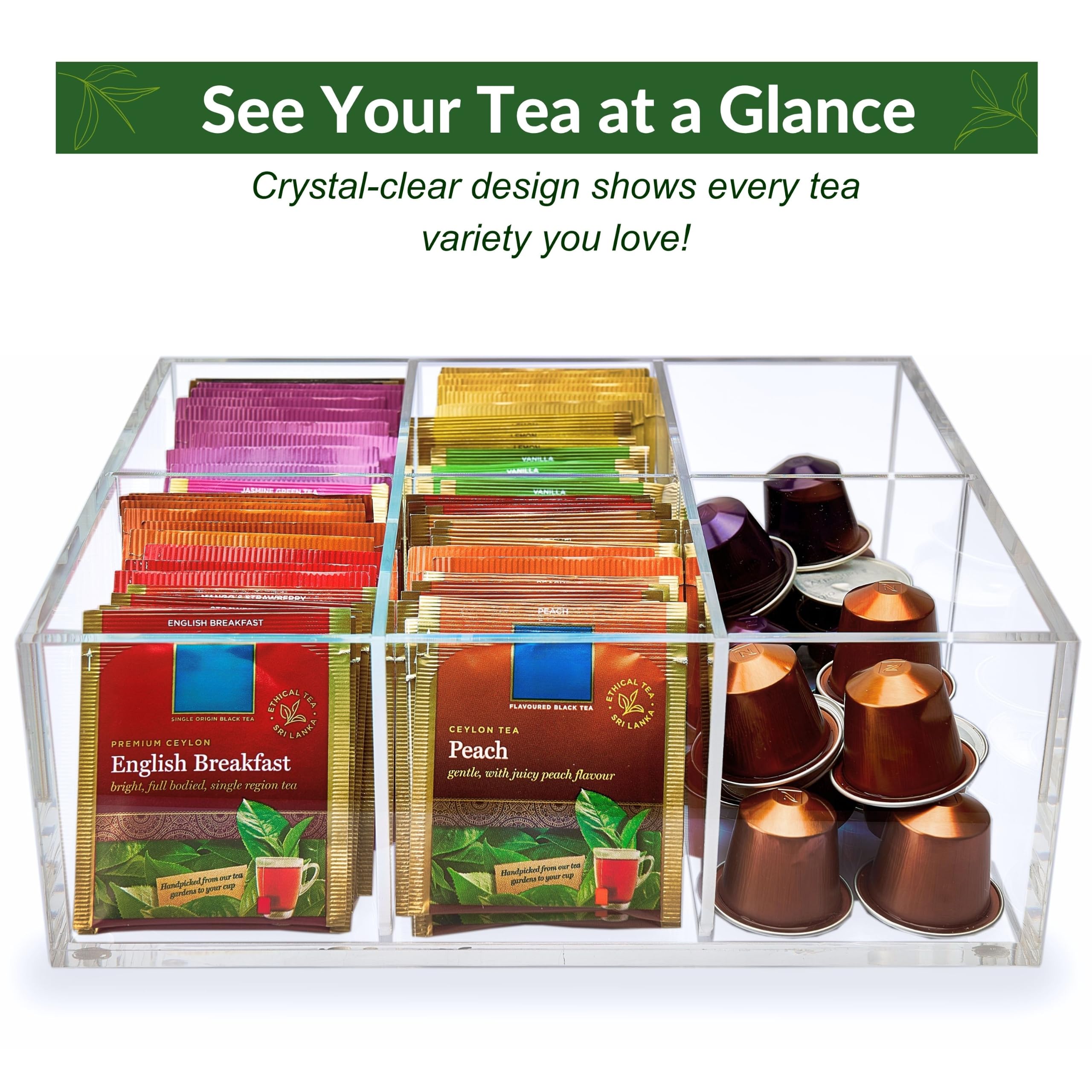 Strapazierfähiger Acryl Teebeutel-Organizer, 6-Fächer Aufbewahrungsbox | Perfekter Organizer: 6 Fächer halten Teebeutel und Kaffeepads ordentlich sortiert und sparen Platz auf der Arbeitsplatte.