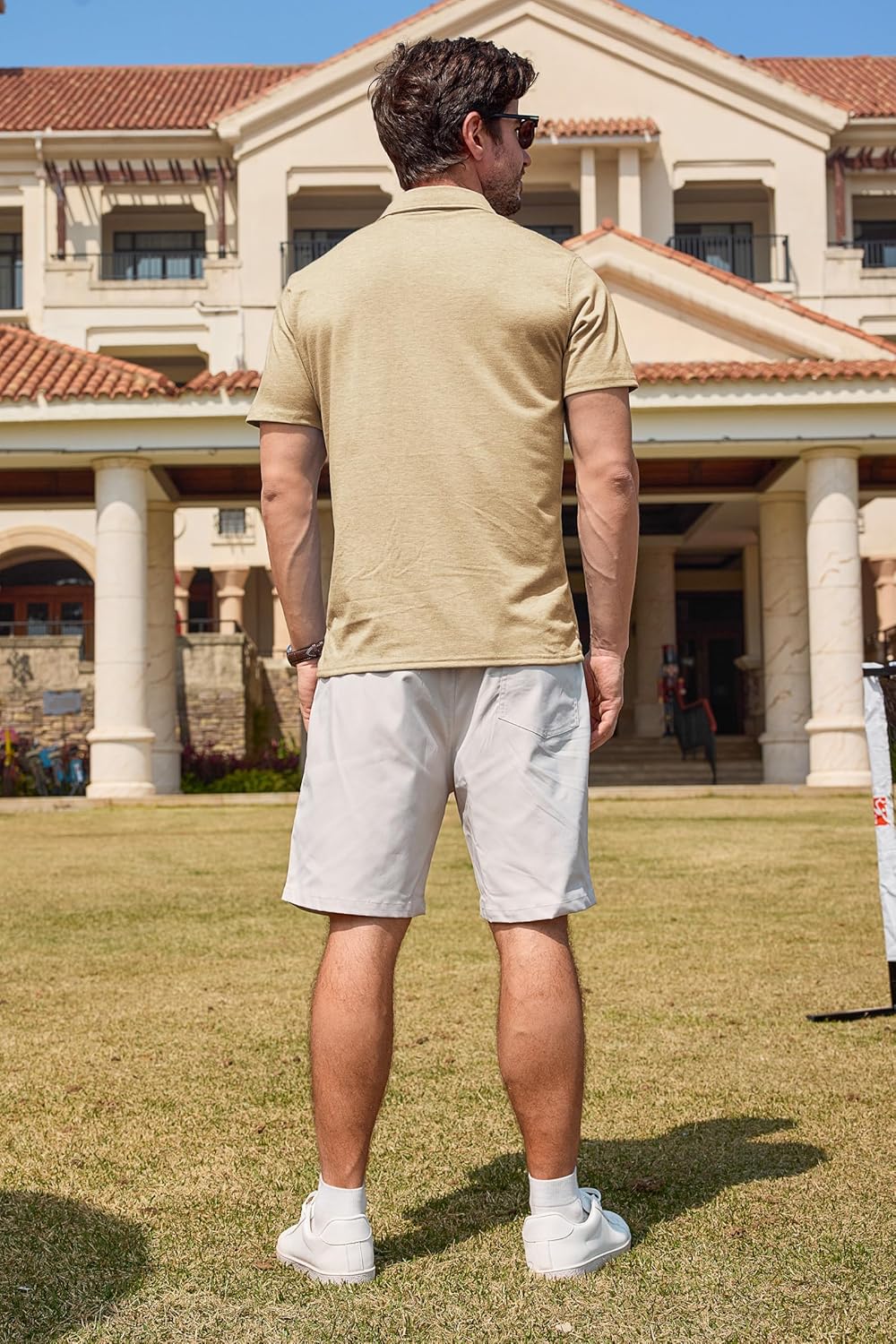 Mens Casual Polo Shirts Classic Short Sleeve Basic Golf Button Shirt with Pocket Beige Large image 4 of 6 B0DT13NQZG