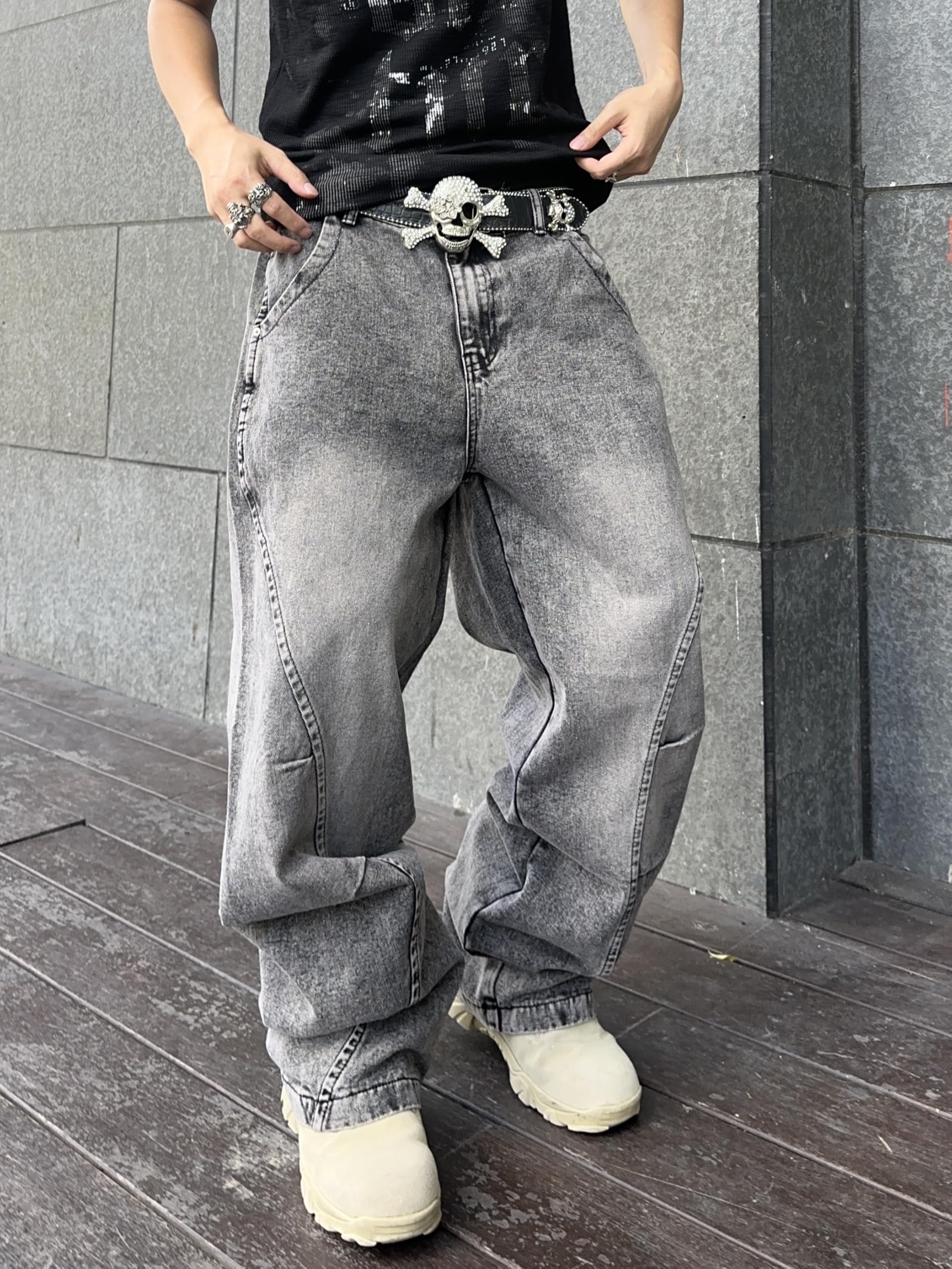 Zewool Jeans Baggy da Uomo con Cuciture Irregolari – Pantaloni in Denim Wide Leg Y2K Hip Hop Moda Casual Streetwear