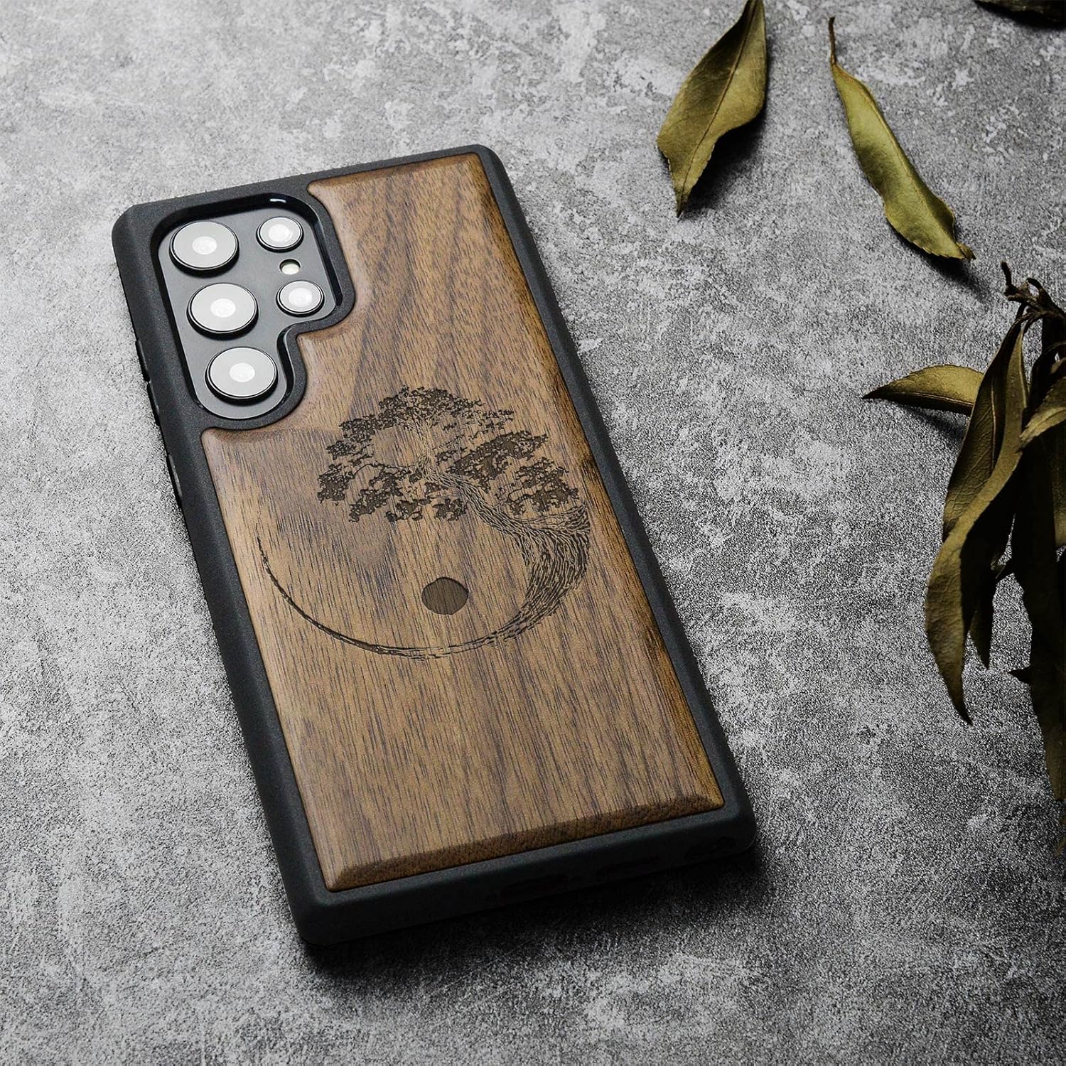 Carveit Wood Case for Galaxy S23 Ultra Case [Natural Wood & Black Soft TPU] Shockproof Protective Cover Unique & Classy Wooden Design Compatible with Samsung S23 Ultra (Bonsai Tree-Walnut)
