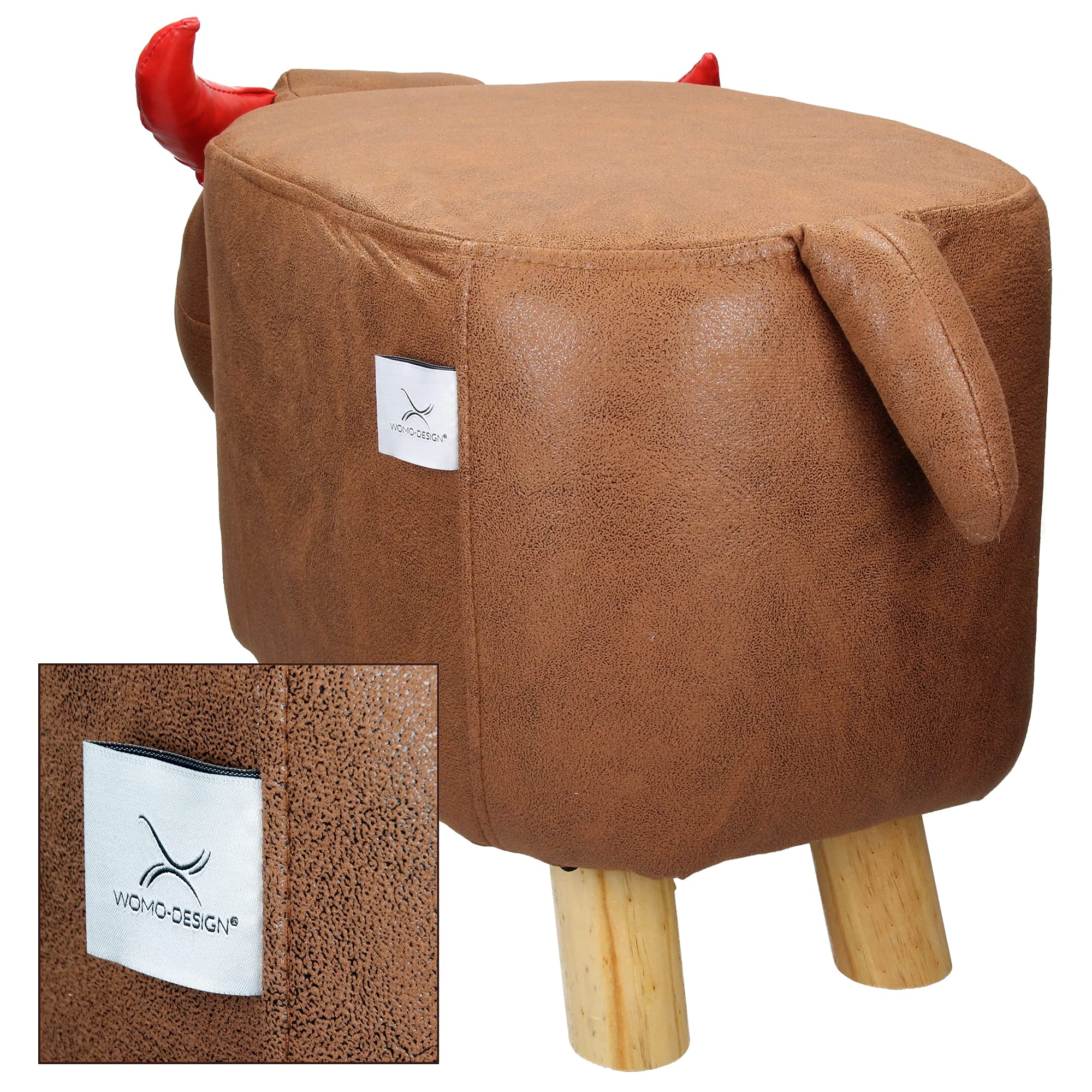 Poggiapiedi Sgabello per Bambini a Forma di Vitello 68 x 30 x 37 cm Marrone e Rosso in Pelle Sintetica Pouf Imbottito con Gambe in Legno Massello Ottomano per Soggiorno e Camera Bambini