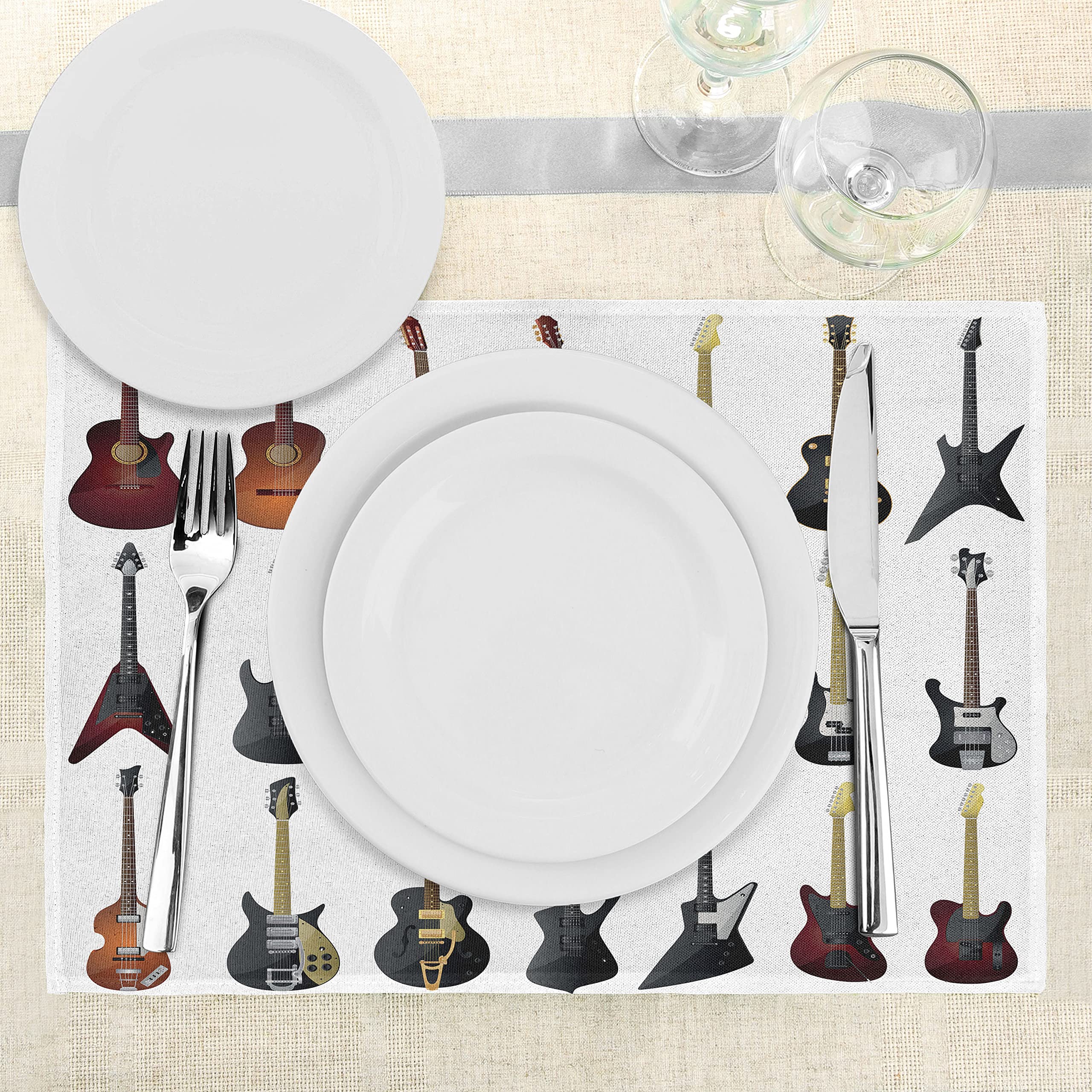 ABAKUHAUS Chitarra Tovaglietta Americana Set di 4, Strumenti Musicali e Note, Tovagliette in Tessuto Lavabile per Tavolo da Pranzo Cena, Senape e Multicolore
