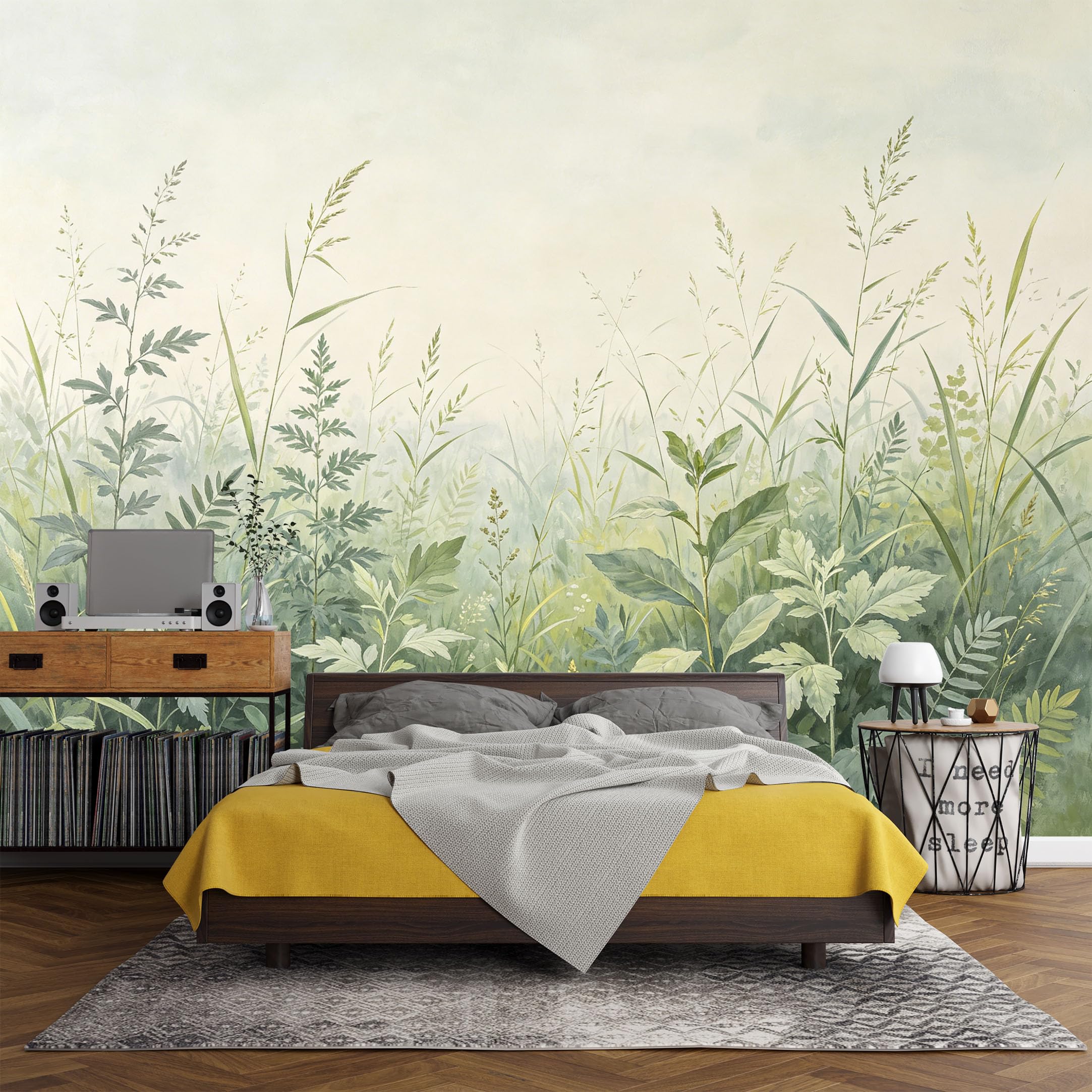 Custom Size Wall Mural， Botanical Green Forest Leaves Watercolor Nature Grassland，SelfAdhesive Art Prints wall Fabric (No PVC) Removable Wallpaper Living Room Decor