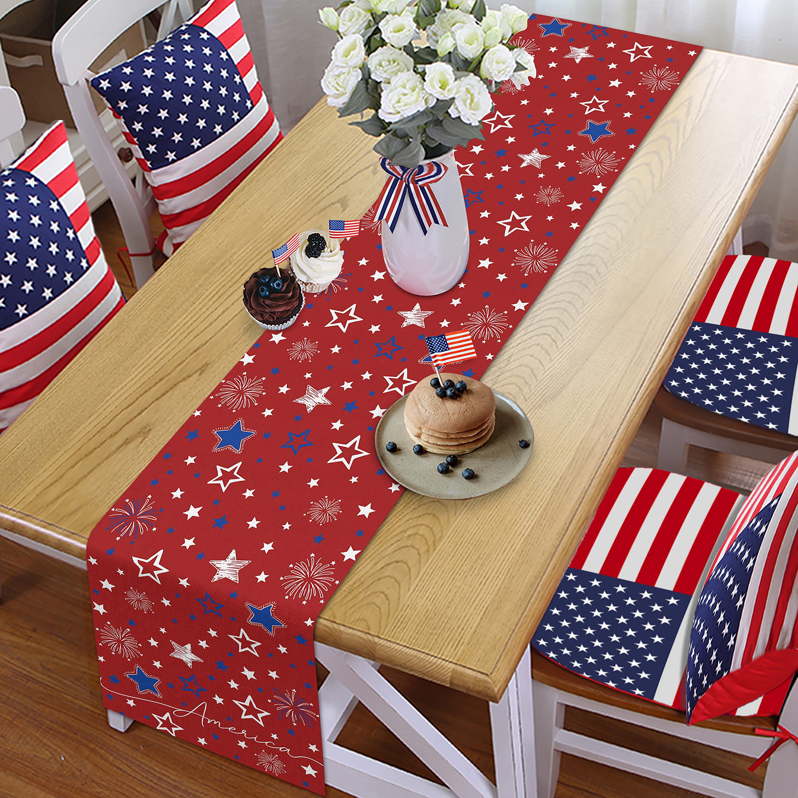 Flyart 4th of July Decorations Table Runner, Red Stars America Patriotic Memorial Day Independence Day Table Runners, Holiday Kitchen Dining Table Decor for Indoor Outdoor Party Decoration(13x72 inch)