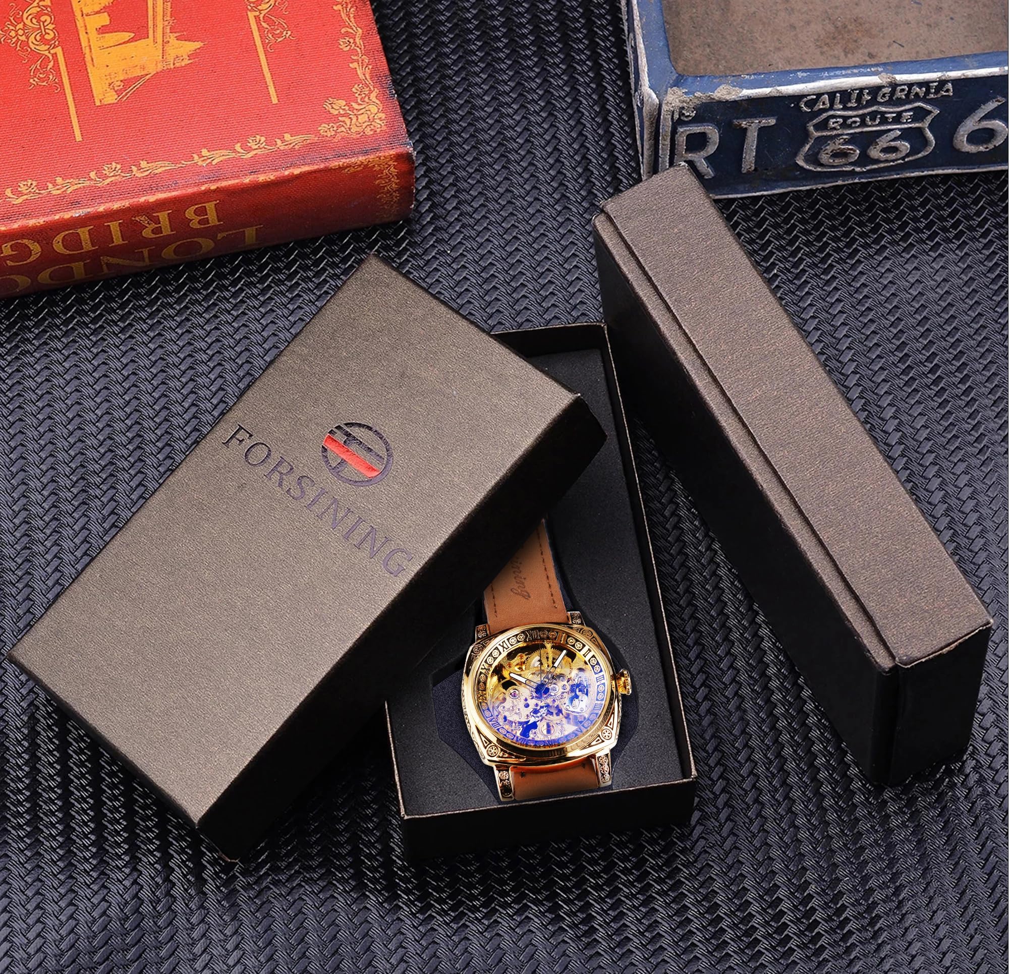FORSINING Montre Homme Mécanique Automatique Carrée Squelette Dorée, Bracelet en Cuir Vintage Style Rétro, Étanche, Montre Bracelet Classique pour Homme