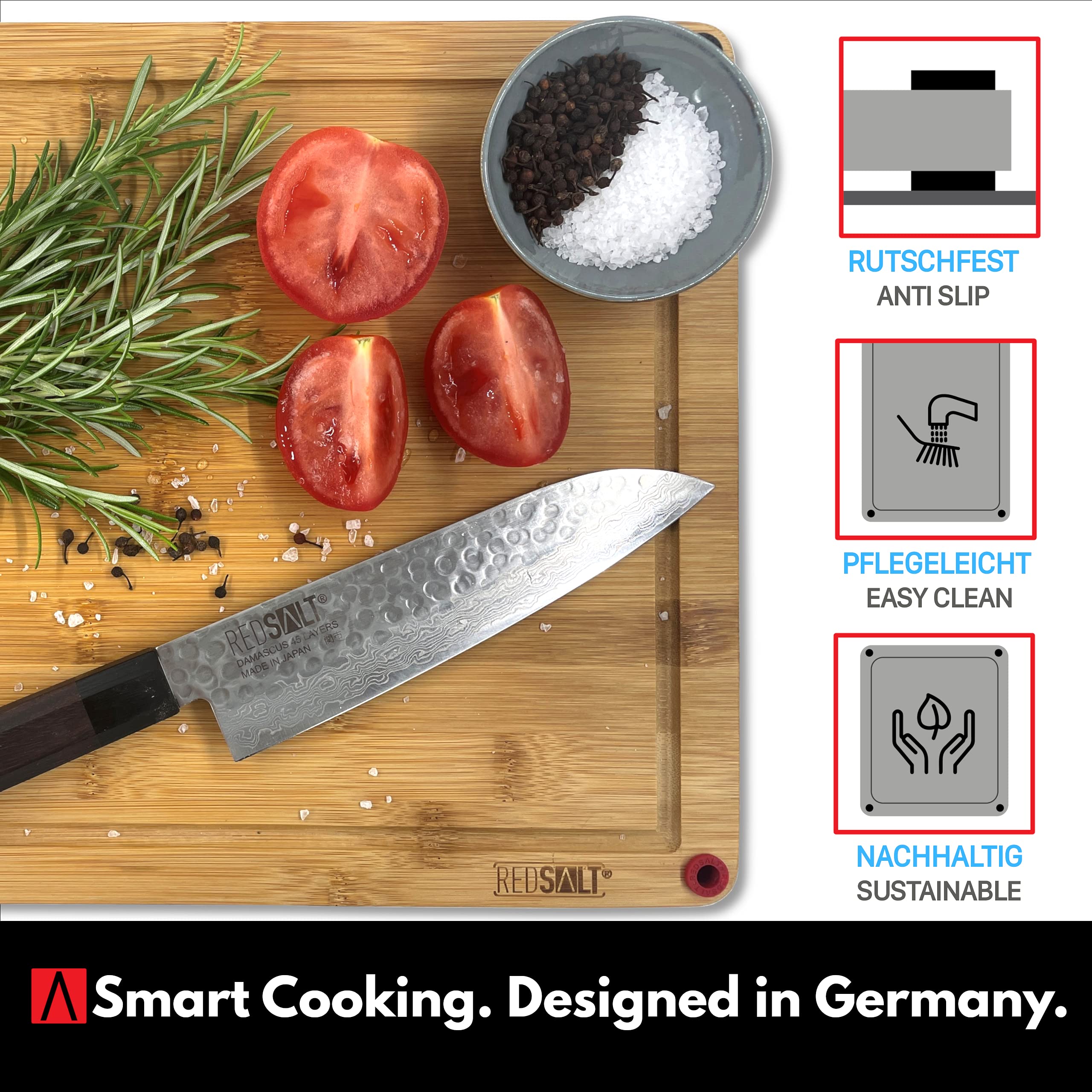 REDSALT® innovatieve bamboe houten snijplank antislip | M 36x26x2.5cm grote houten plank aan beide zijden te gebruiken diepe sapgroef FSC gecertificeerd premium keuken barbecue cadeau duurzaam