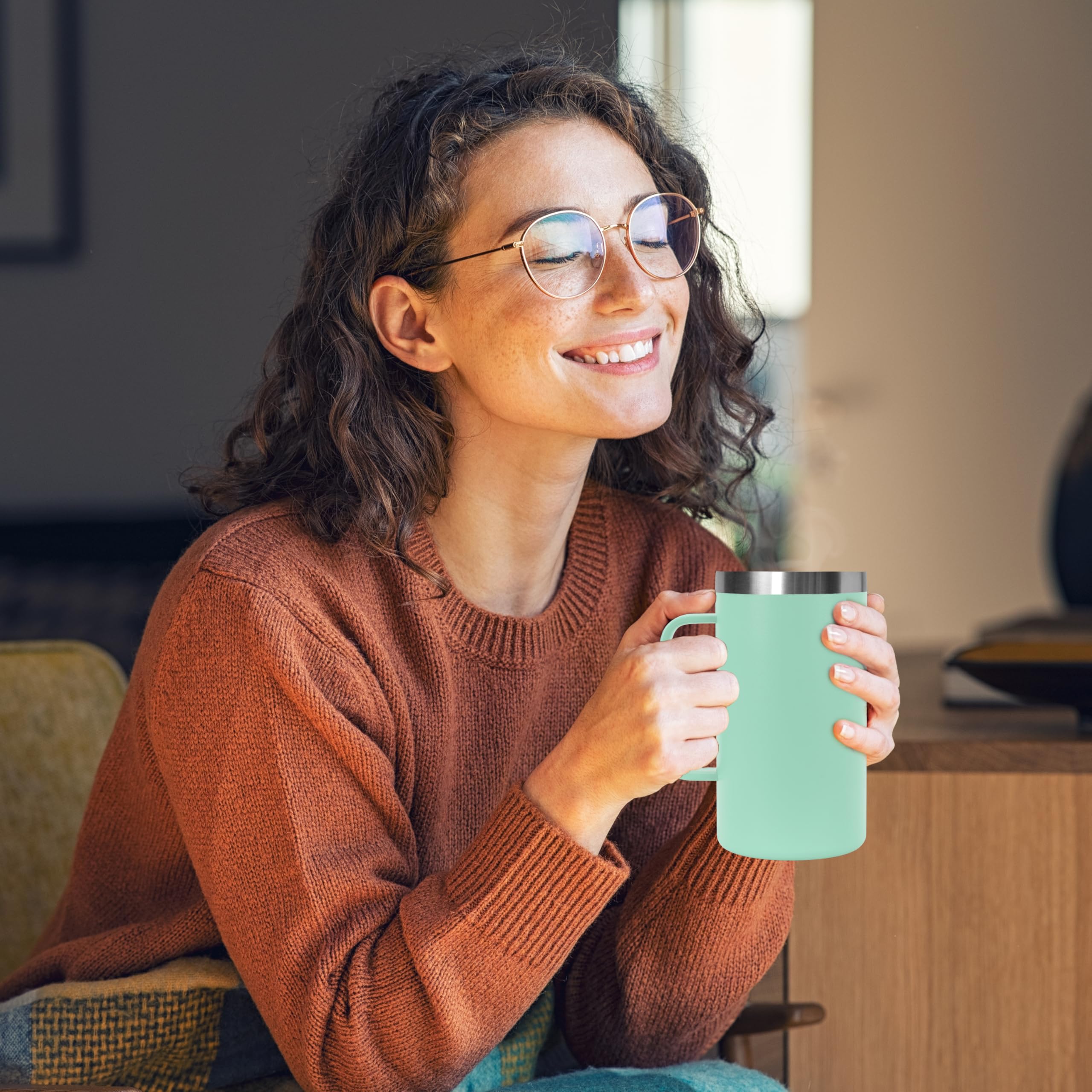 DOMICARE Taza de café de acero inoxidable de 24 onzas con asa y tapa, taza de viaje con asa, vaso de café al vacío de doble pared, taza aislada reutilizable, verde menta, paquete de 8