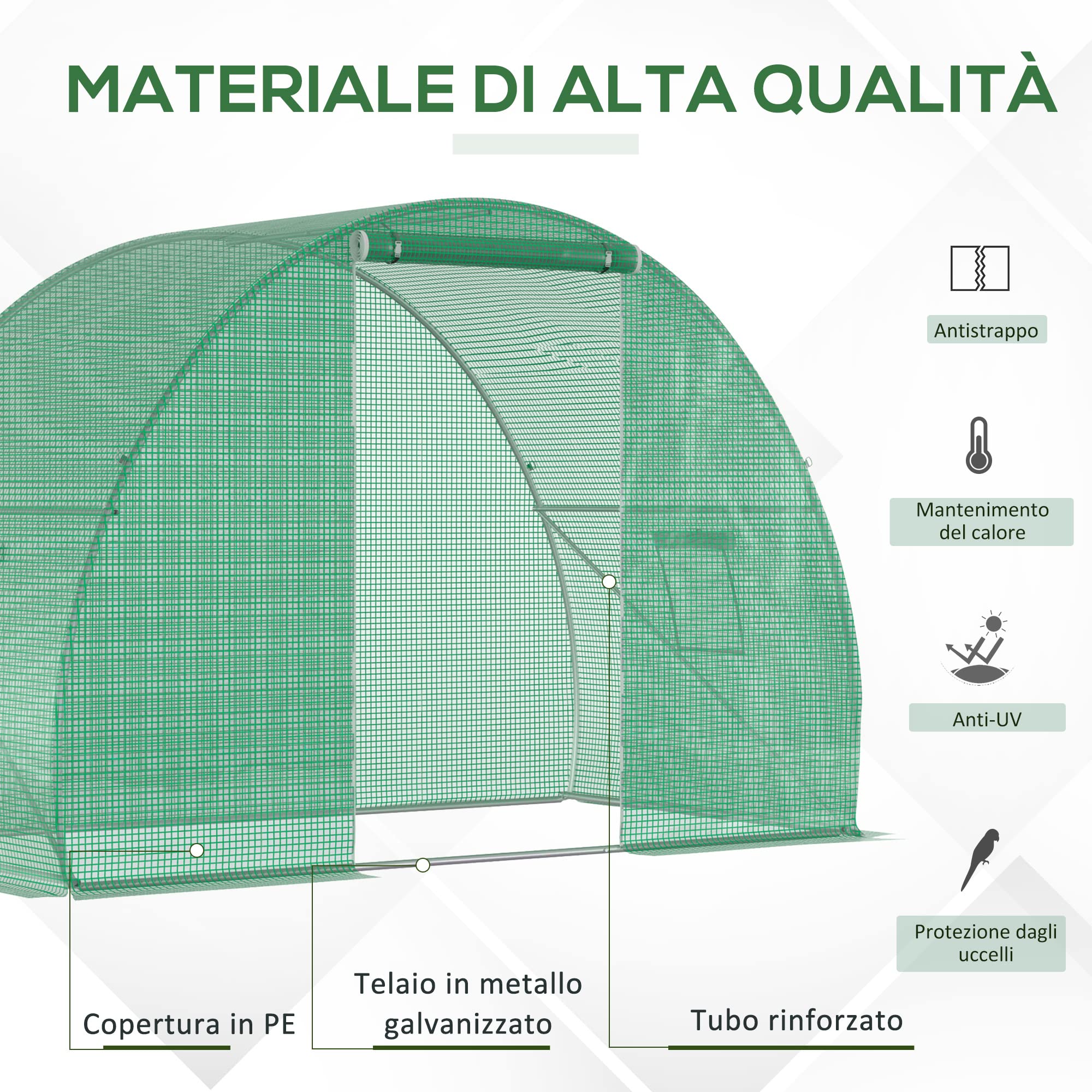 Serra da Giardino a Tunnel per Orto con Porta Avvolgibile e Finestre Copertura PE e Struttura in Acciaio 150x300x200cm Verde