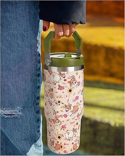 Miniatura 3 de Exacmos - Vaso Corgi de 30 onzas, con asa y pajillas, de acero inoxidable con aislamiento al vacío, taza de café de viaje, botella de agua