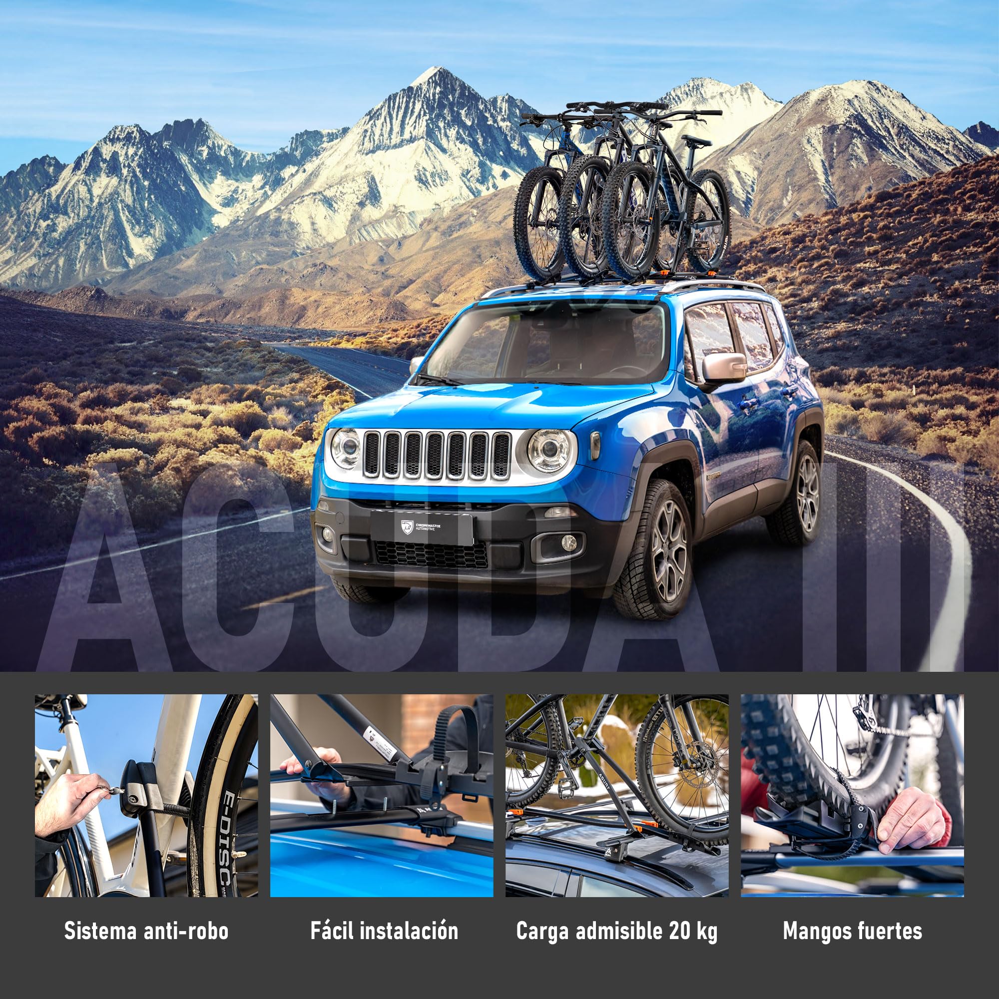 AGURI ACUDA III | Portabicicletas de Techo, Soporte Universal para Bicicletas en el Techo del Automóvil con Cerradura; Capacidad de Carga de hasta 20 kg | Construcción Ligera y Resistente de Aluminio